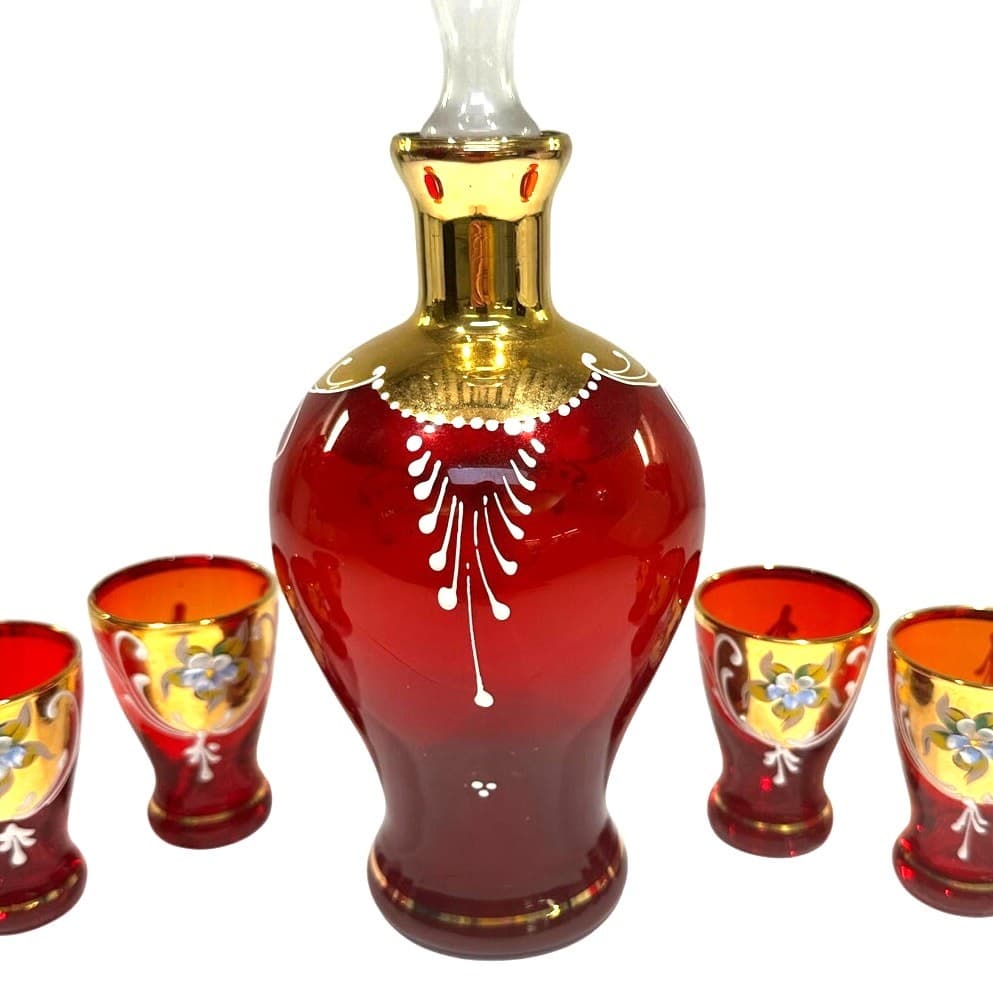 Bohemian Antique Cranberry Glass Gold Decanter Shot Glass Set Hand Painted-Rare - Thumbnail 7