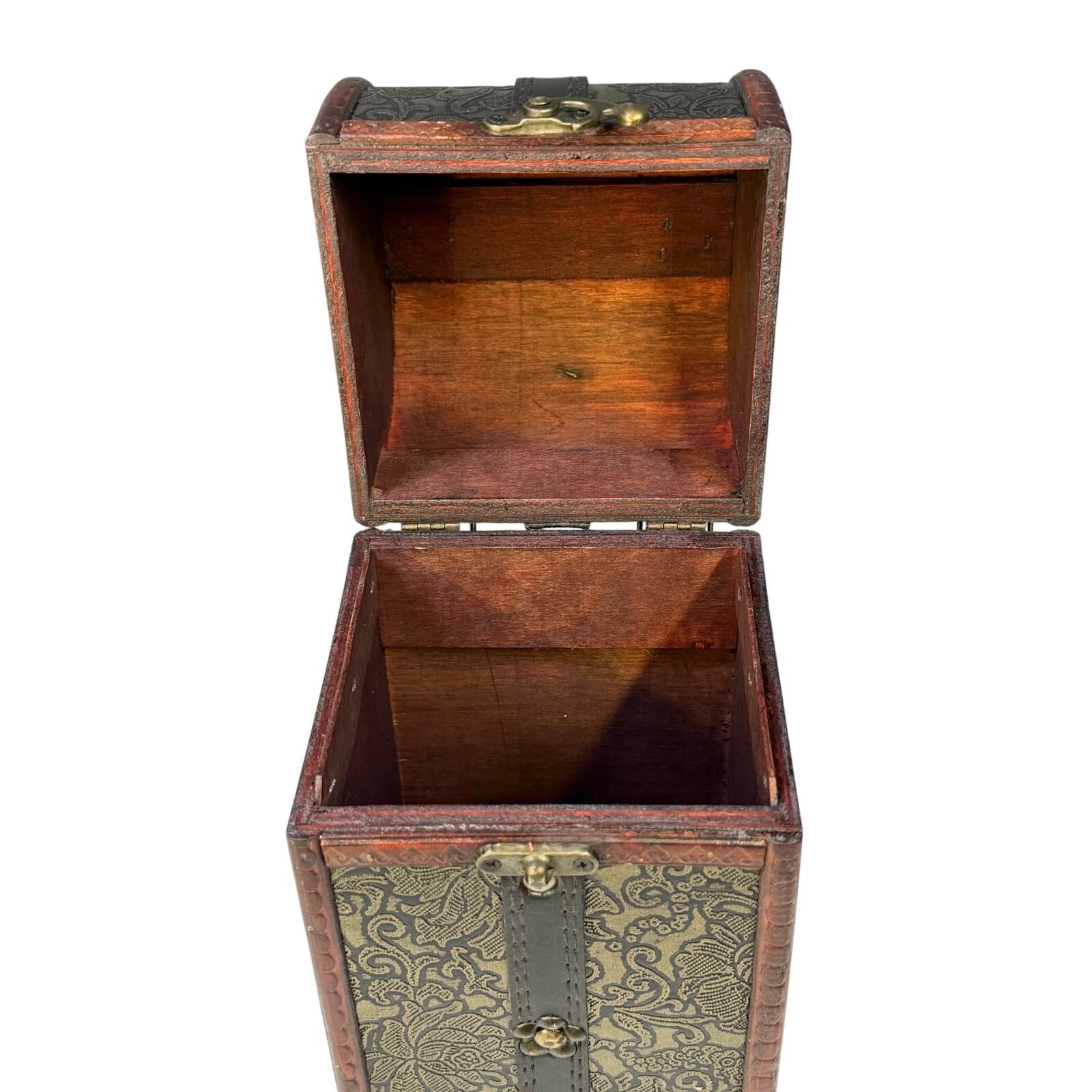 Wood Embossed 14" Brown Wine Carrier Box with Leather Handle - Thumbnail 5