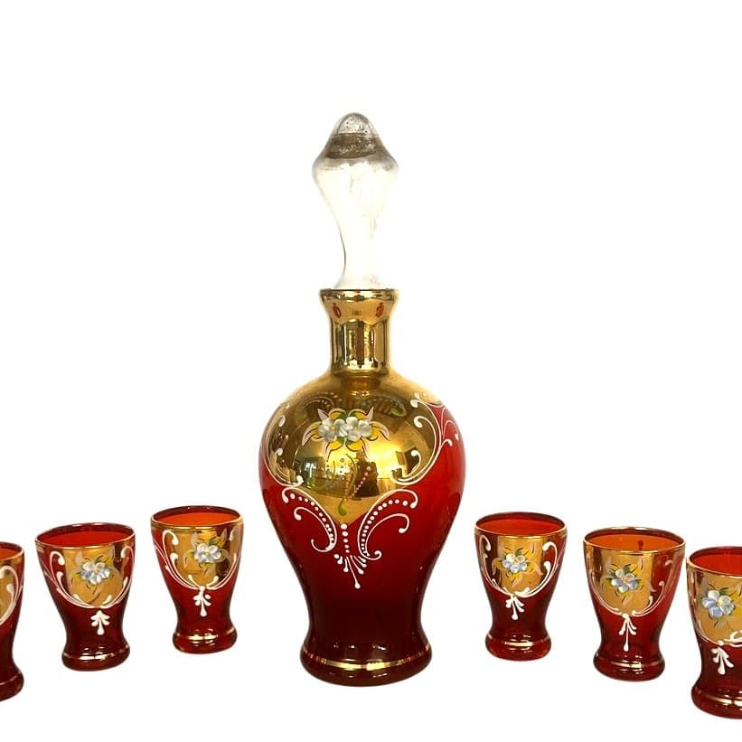 Bohemian Antique Cranberry Glass Gold Decanter Shot Glass Set Hand Painted-Rare - Thumbnail 10