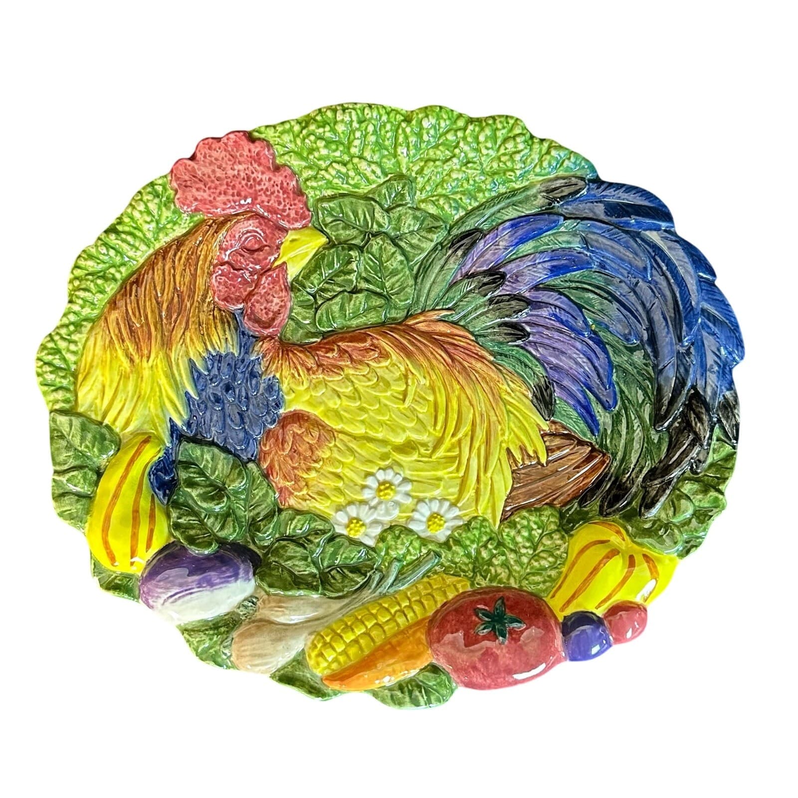 Fitz and Floyd 1996 Vibrant Colorful 'Coq du Village' Majolica Rooster Plate