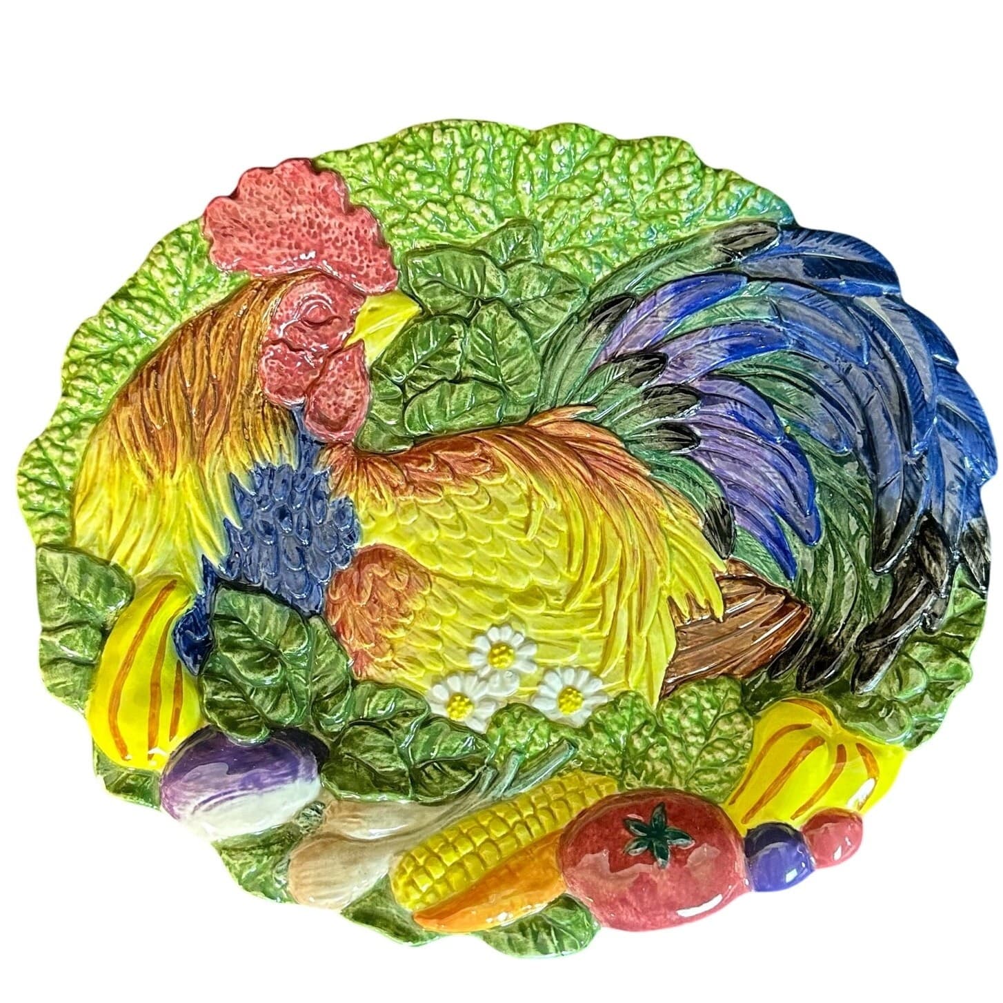 Fitz and Floyd 1996 Vibrant Colorful 'Coq du Village' Majolica Rooster Plate - Thumbnail 9