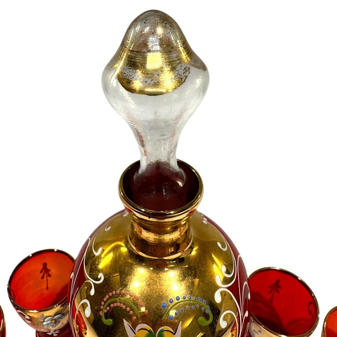 Bohemian Antique Cranberry Glass Gold Decanter Shot Glass Set Hand Painted-Rare - Thumbnail 12