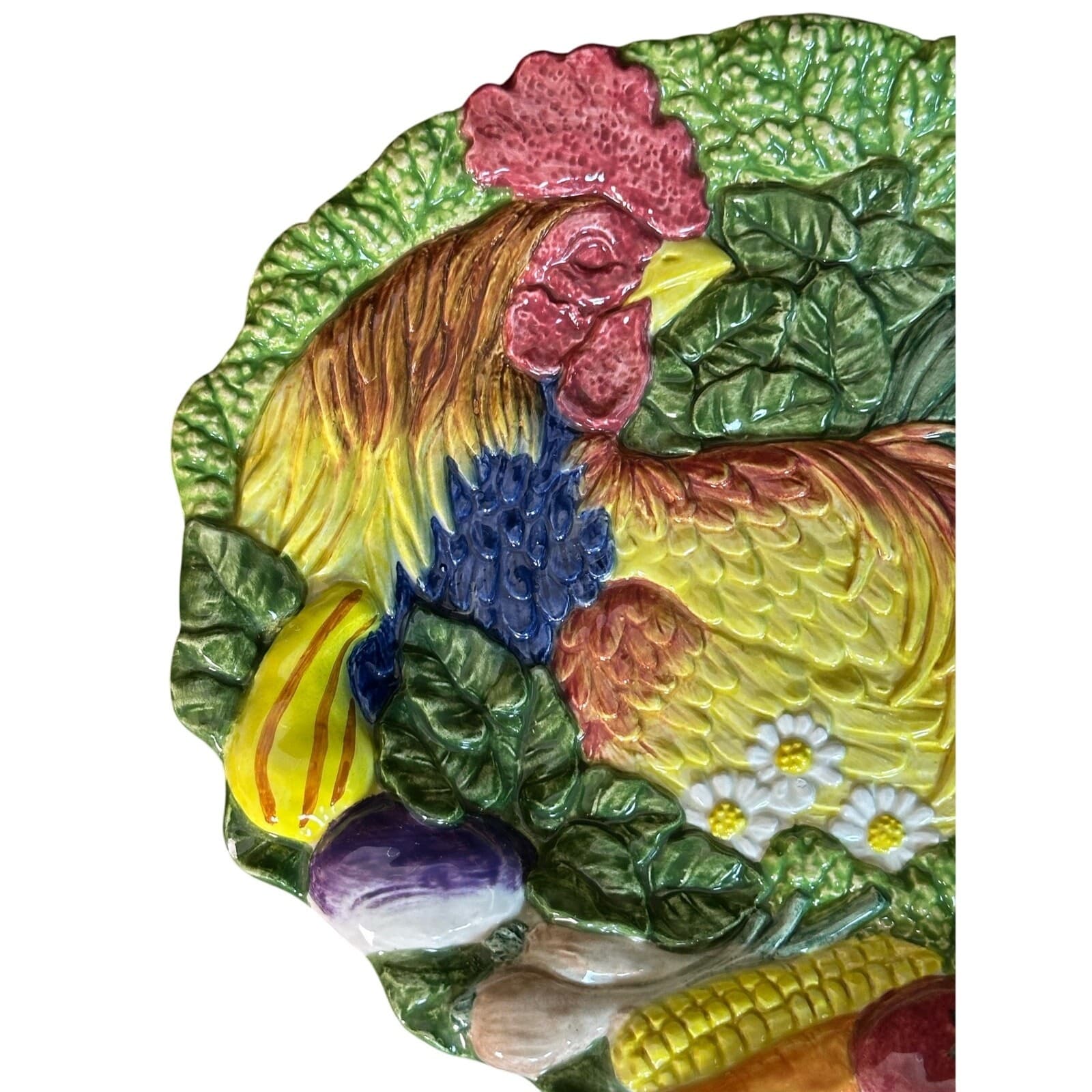 Fitz and Floyd 1996 Vibrant Colorful 'Coq du Village' Majolica Rooster Plate - Thumbnail 3