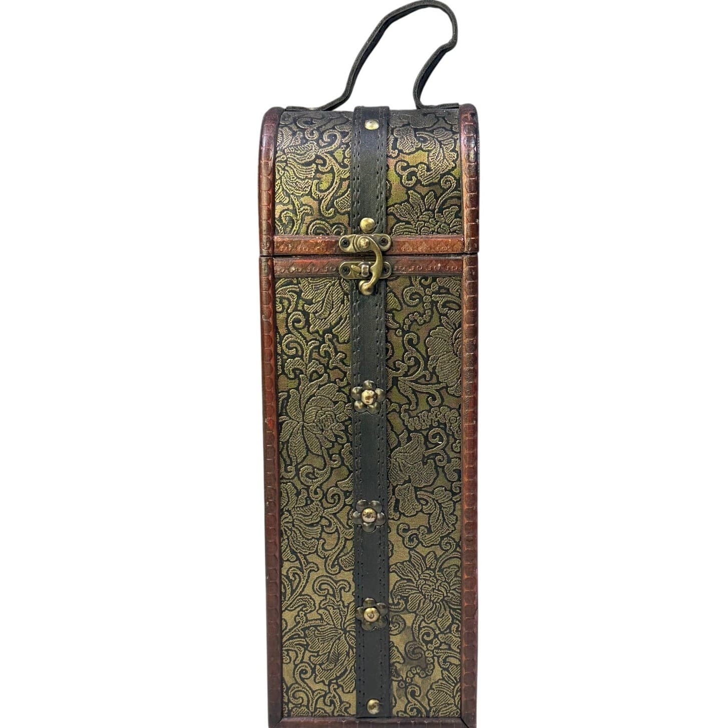 Wood Embossed 14" Brown Wine Carrier Box with Leather Handle