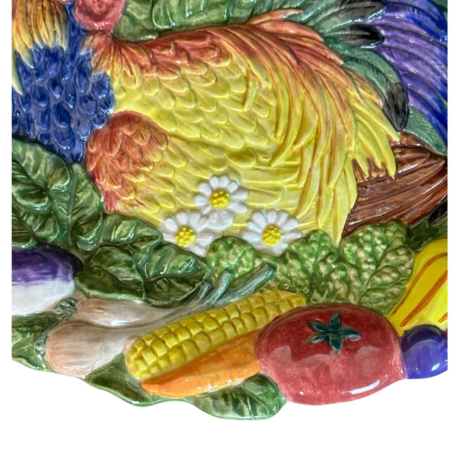 Fitz and Floyd 1996 Vibrant Colorful 'Coq du Village' Majolica Rooster Plate - Thumbnail 2