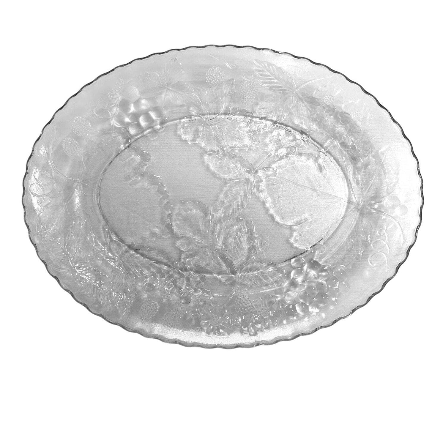 Anchor Hocking Heavy Glass Oval Embossed Grapes Leaves Berries Platter 17.75"