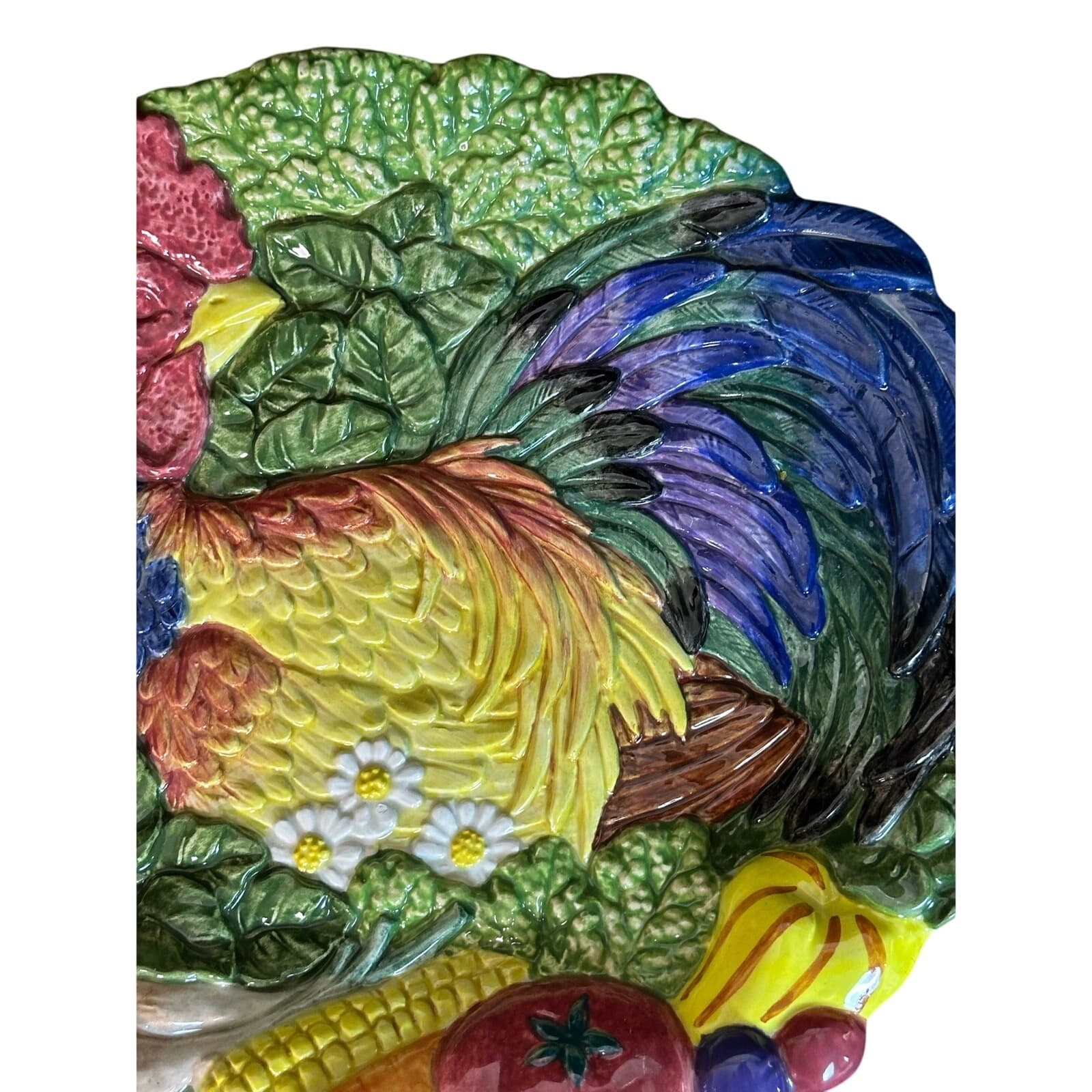 Fitz and Floyd 1996 Vibrant Colorful 'Coq du Village' Majolica Rooster Plate - Thumbnail 4