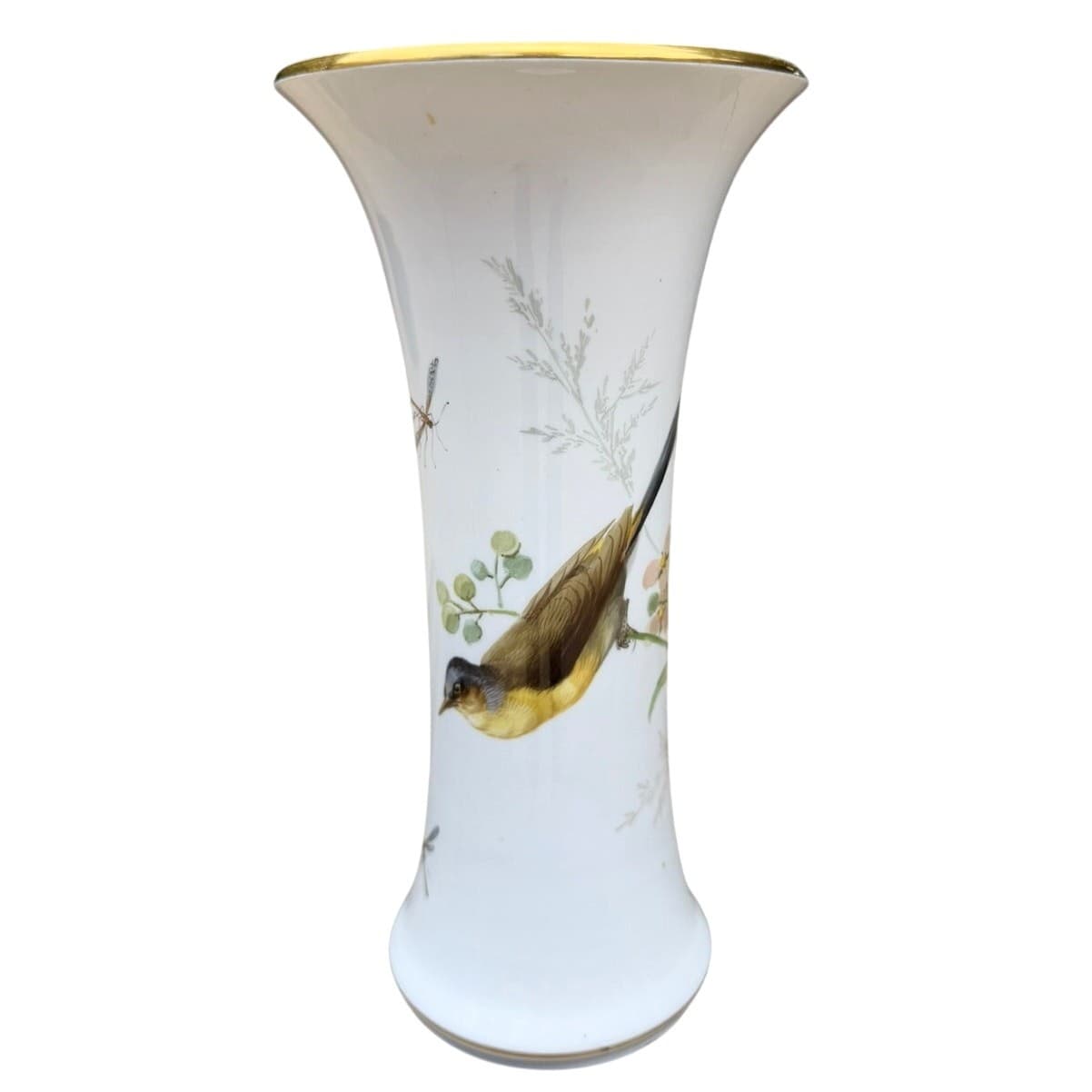 Antique Meissen Hand Painted Bird & Butterfly Porcelain Trumpet Vase 9.5" - Thumbnail 3