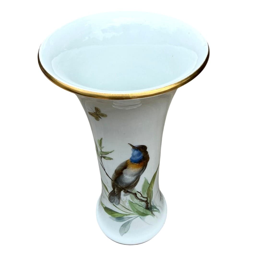 Antique Meissen Hand Painted Bird & Butterfly Porcelain Trumpet Vase 9.5" - Thumbnail 2