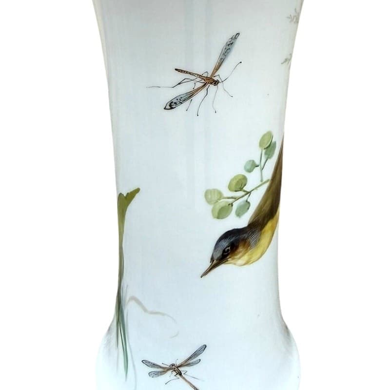 Antique Meissen Hand Painted Bird & Butterfly Porcelain Trumpet Vase 9.5" - Thumbnail 10