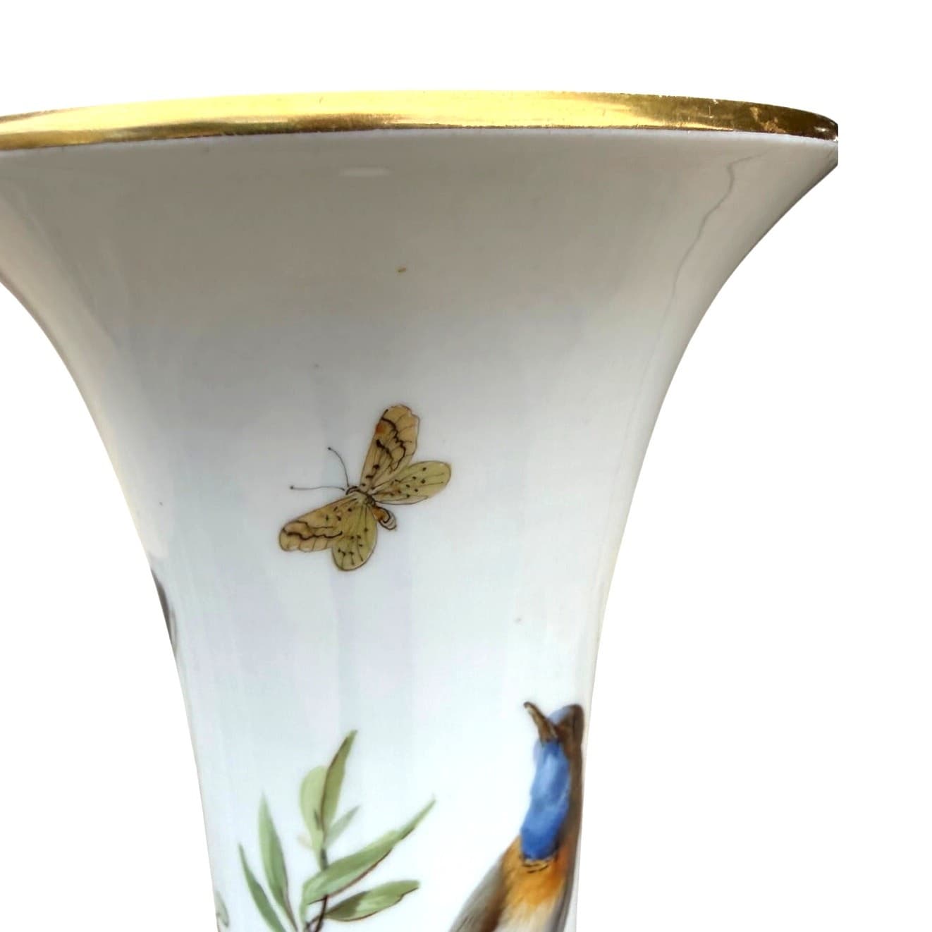 Antique Meissen Hand Painted Bird & Butterfly Porcelain Trumpet Vase 9.5" - Thumbnail 8