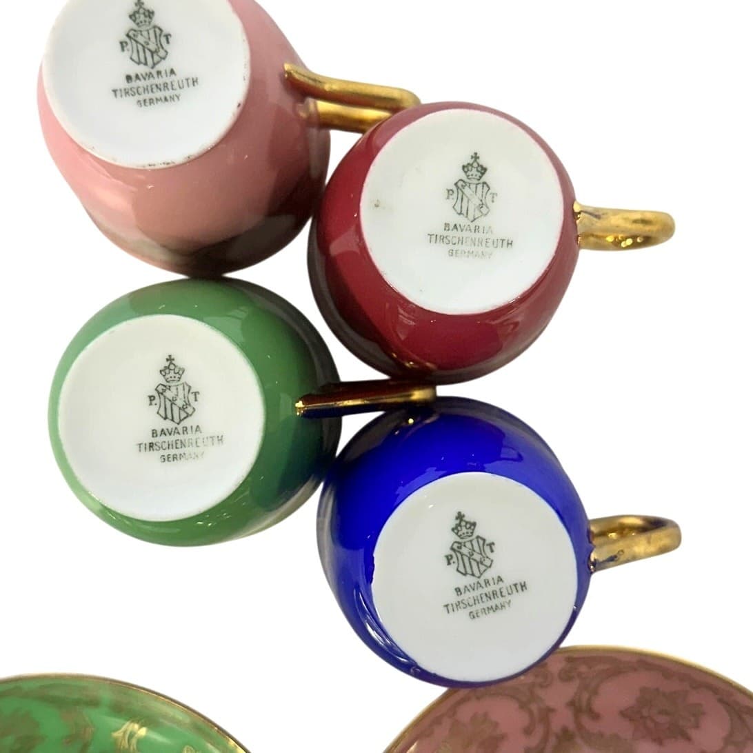 Bavaria Tirschenreuth PT Germany Demitasse Cobalt Green Rose Pink Cup Saucers 4 - Thumbnail 11