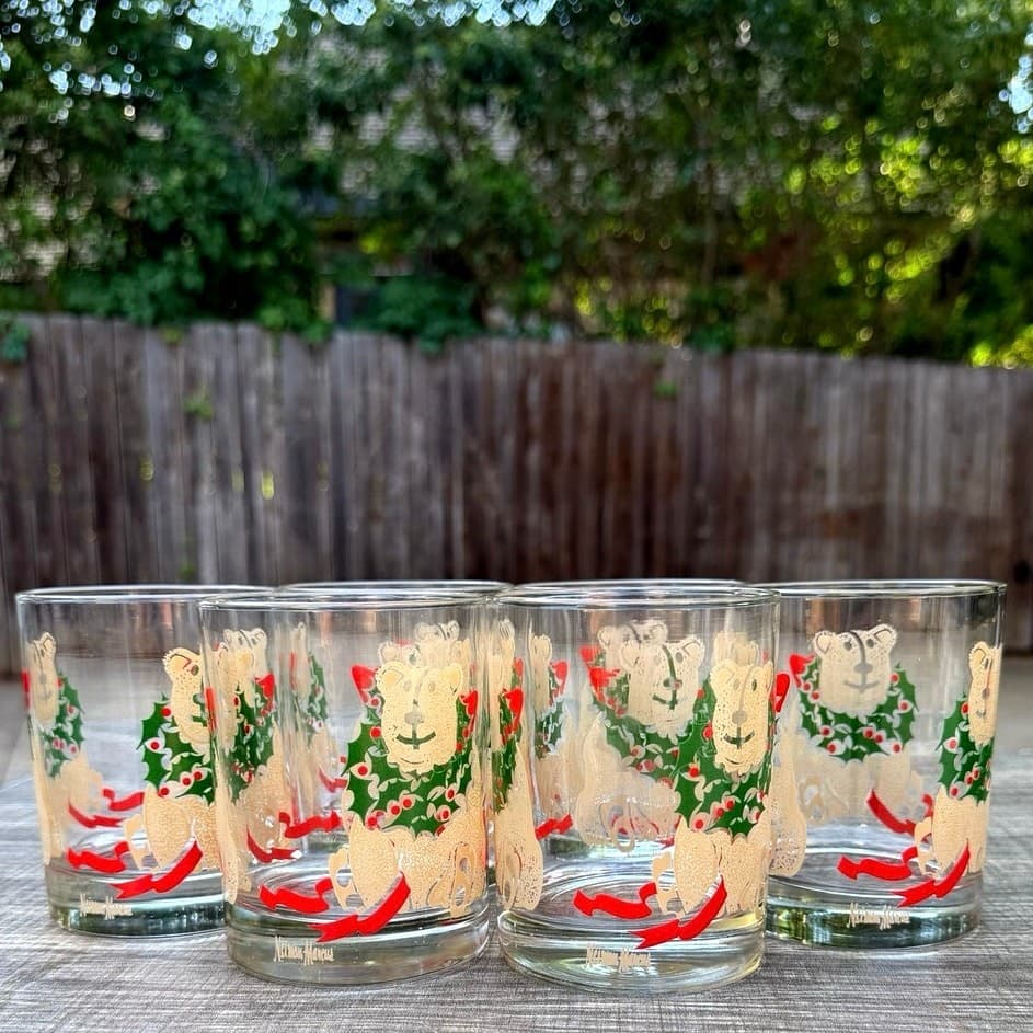 Neiman Marcus 1990's Christmas Teddy Bear Rocks Glasses Holiday Barware-Set of 6