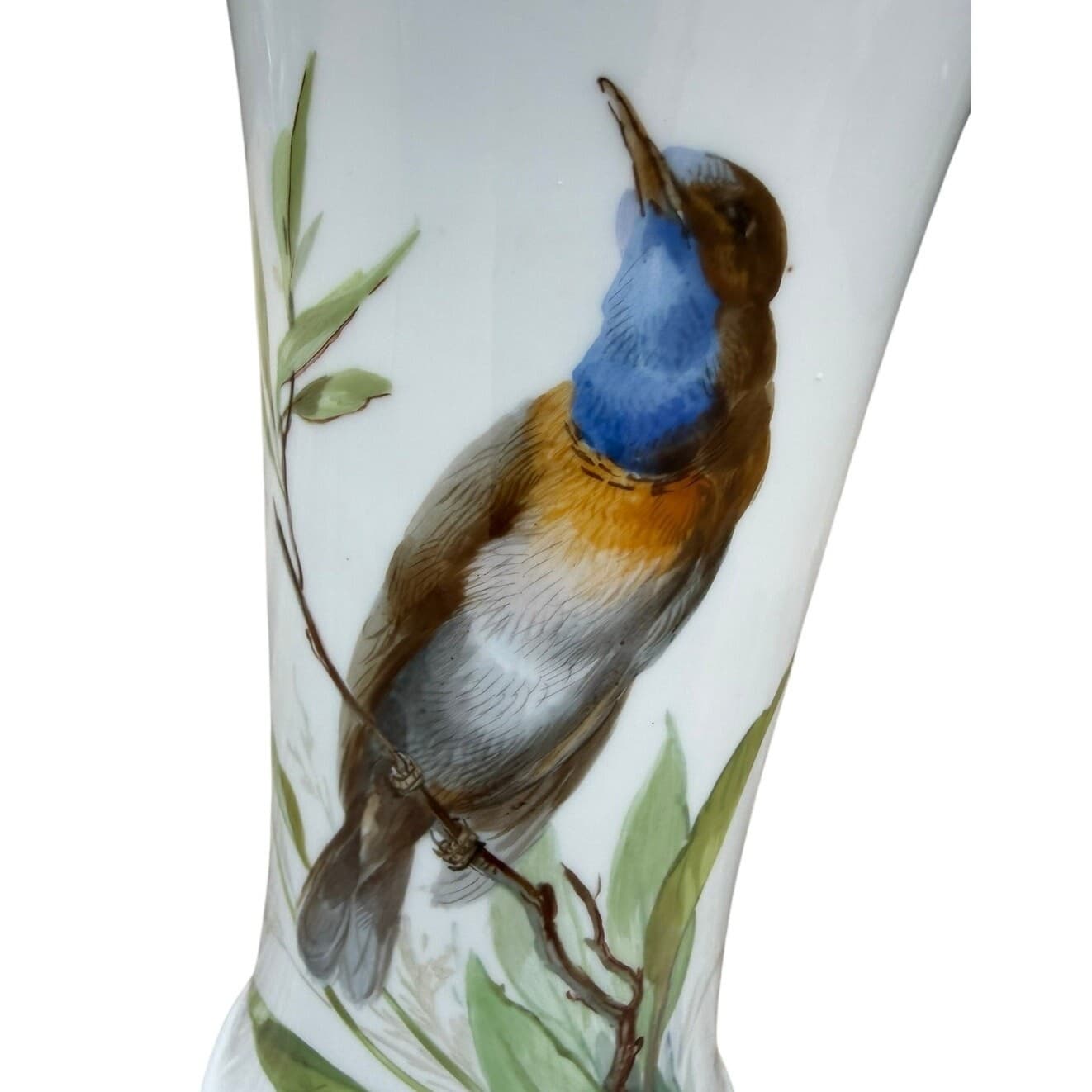 Antique Meissen Hand Painted Bird & Butterfly Porcelain Trumpet Vase 9.5" - Thumbnail 4