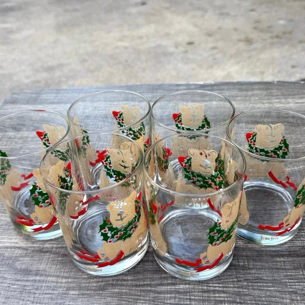 Neiman Marcus 1990's Christmas Teddy Bear Rocks Glasses Holiday Barware-Set of 6 - Thumbnail 5