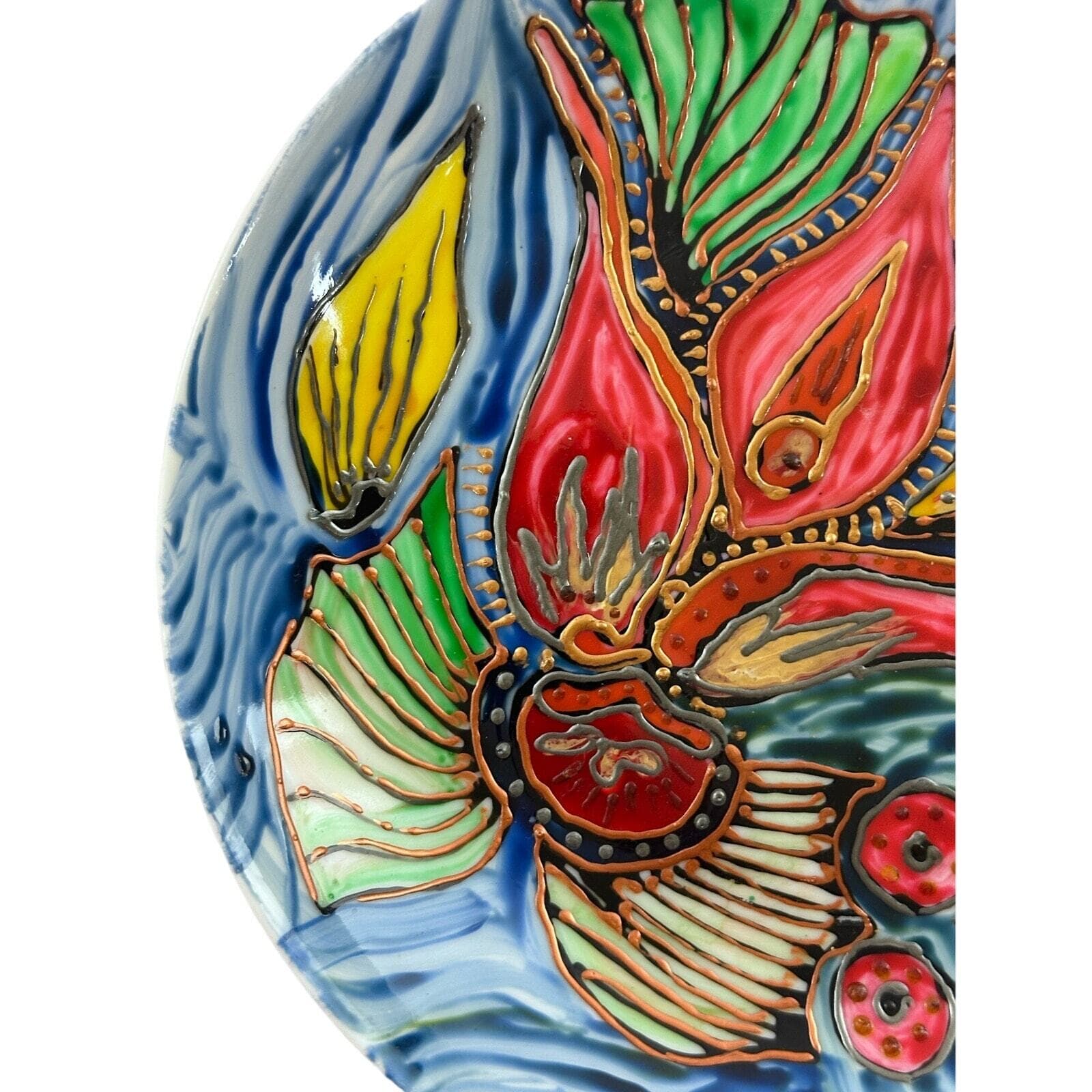 Limoges France Painted Shallow Bowl Copper Silver Accents 7.5" Vibrant Signed! - Thumbnail 9