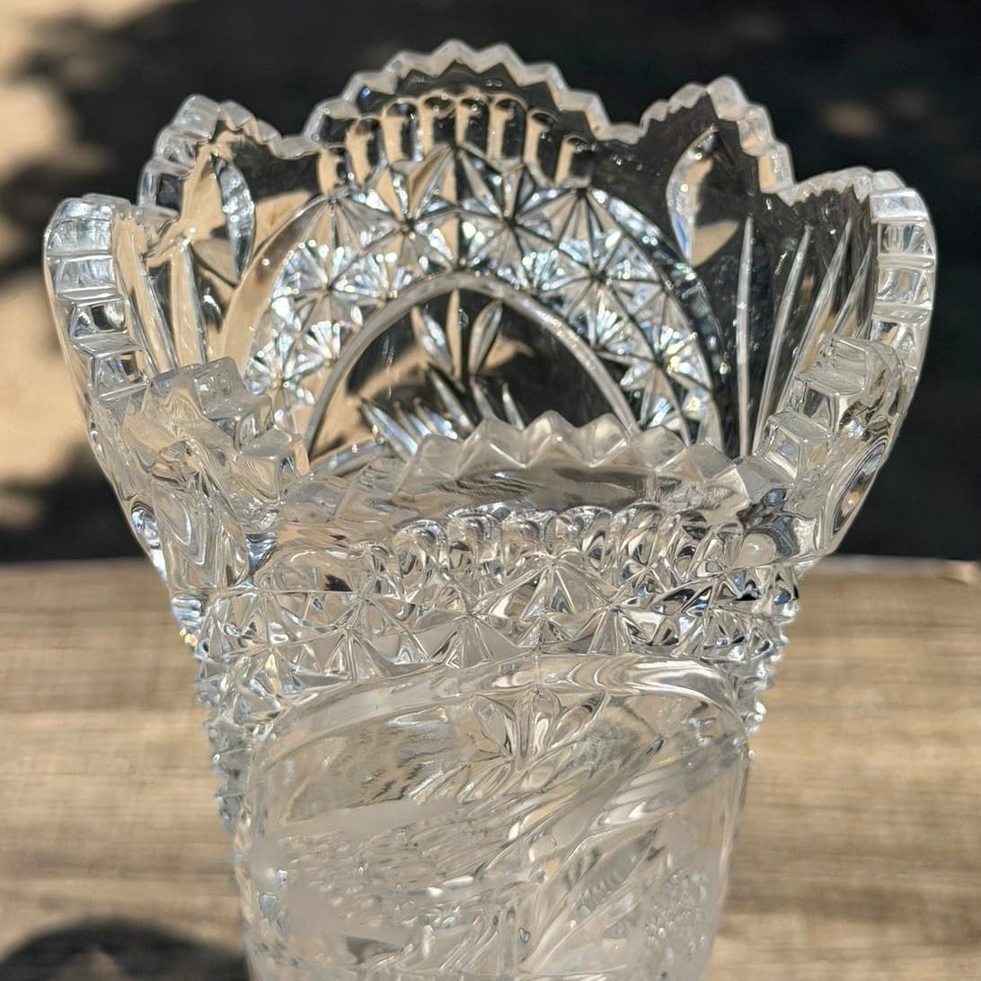 Vintage Hofbauer Byrdes Lead Crystal Pedestal Vase 10.5" Etched Birds Germany - Thumbnail 7