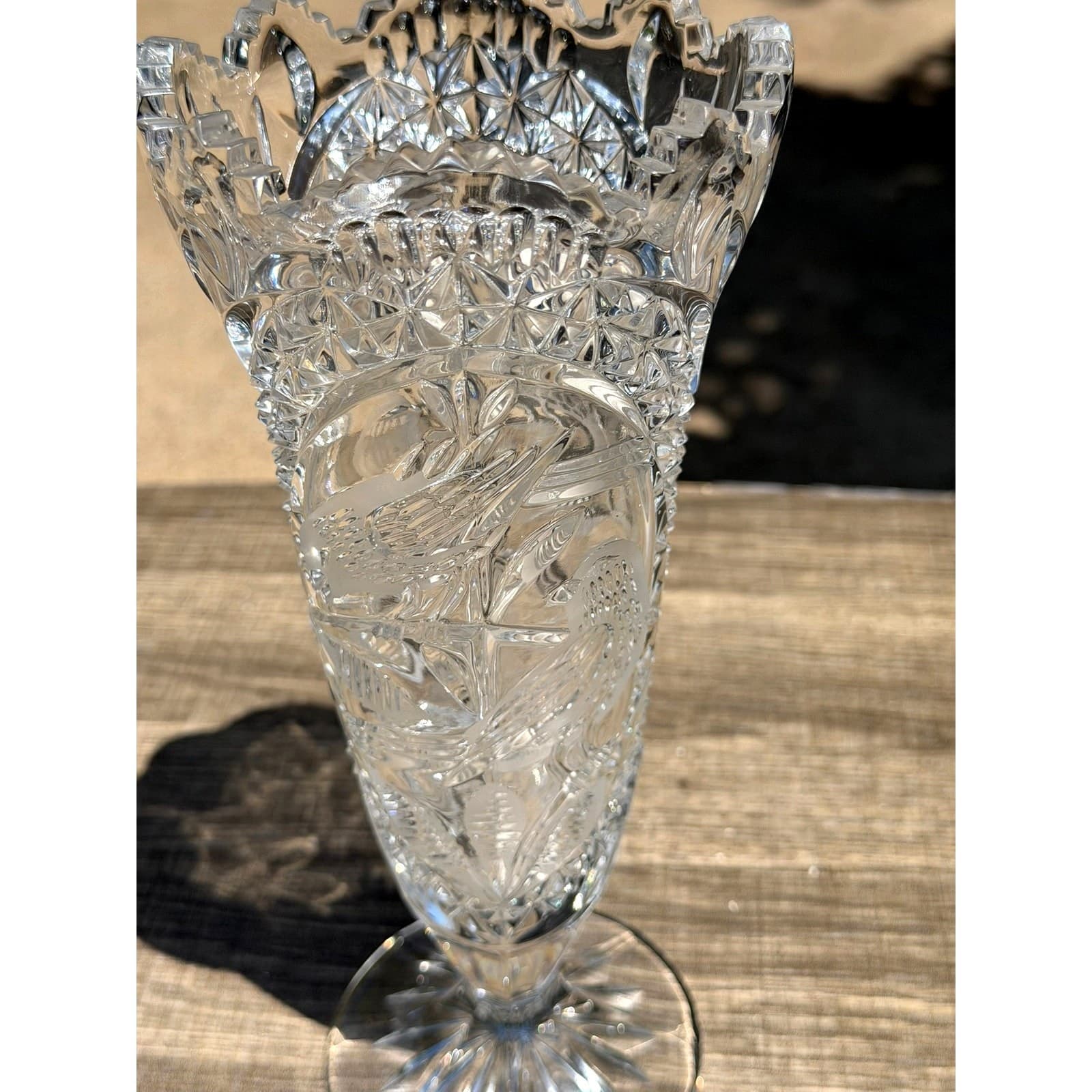 Vintage Hofbauer Byrdes Lead Crystal Pedestal Vase 10.5" Etched Birds Germany - Thumbnail 4