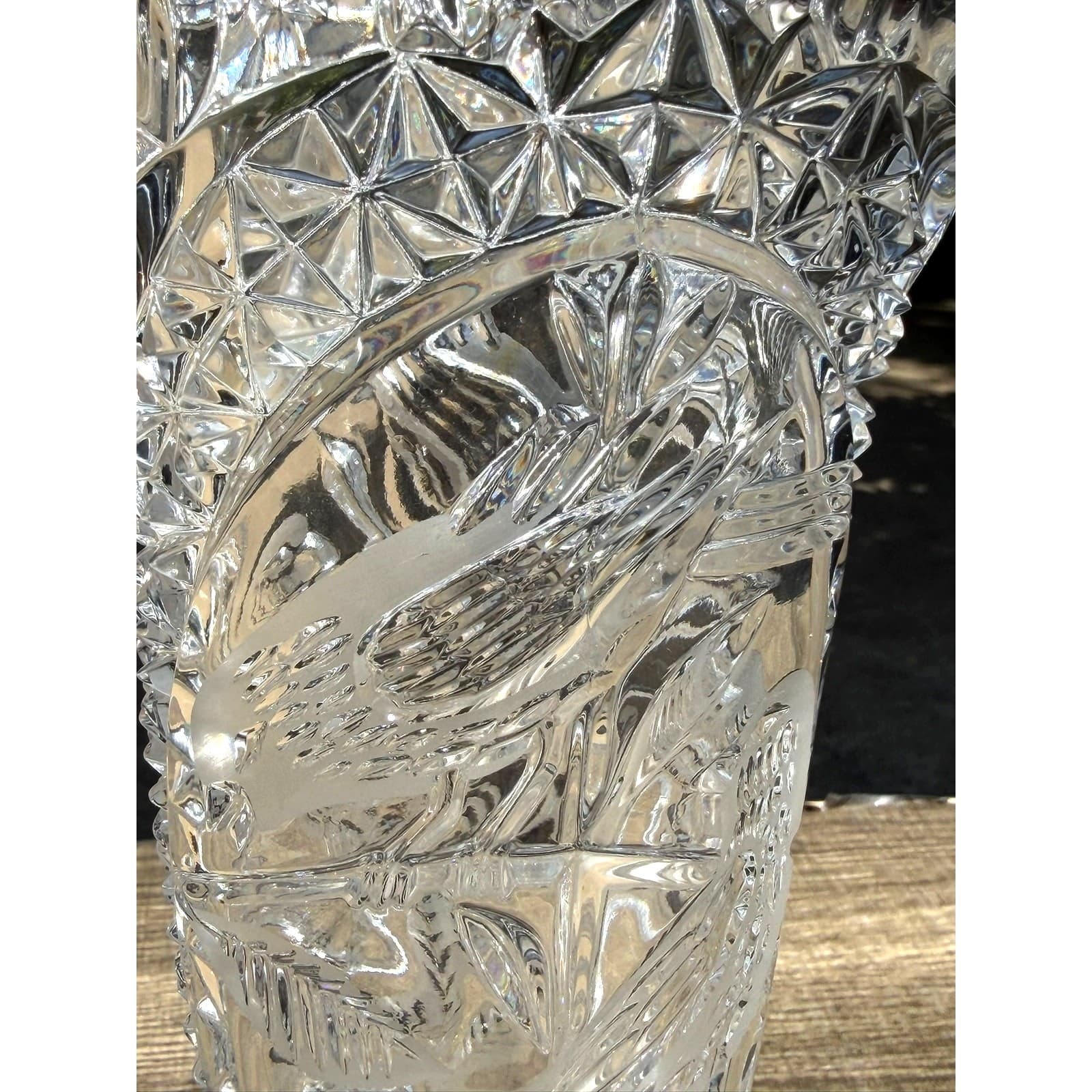 Vintage Hofbauer Byrdes Lead Crystal Pedestal Vase 10.5" Etched Birds Germany - Thumbnail 6