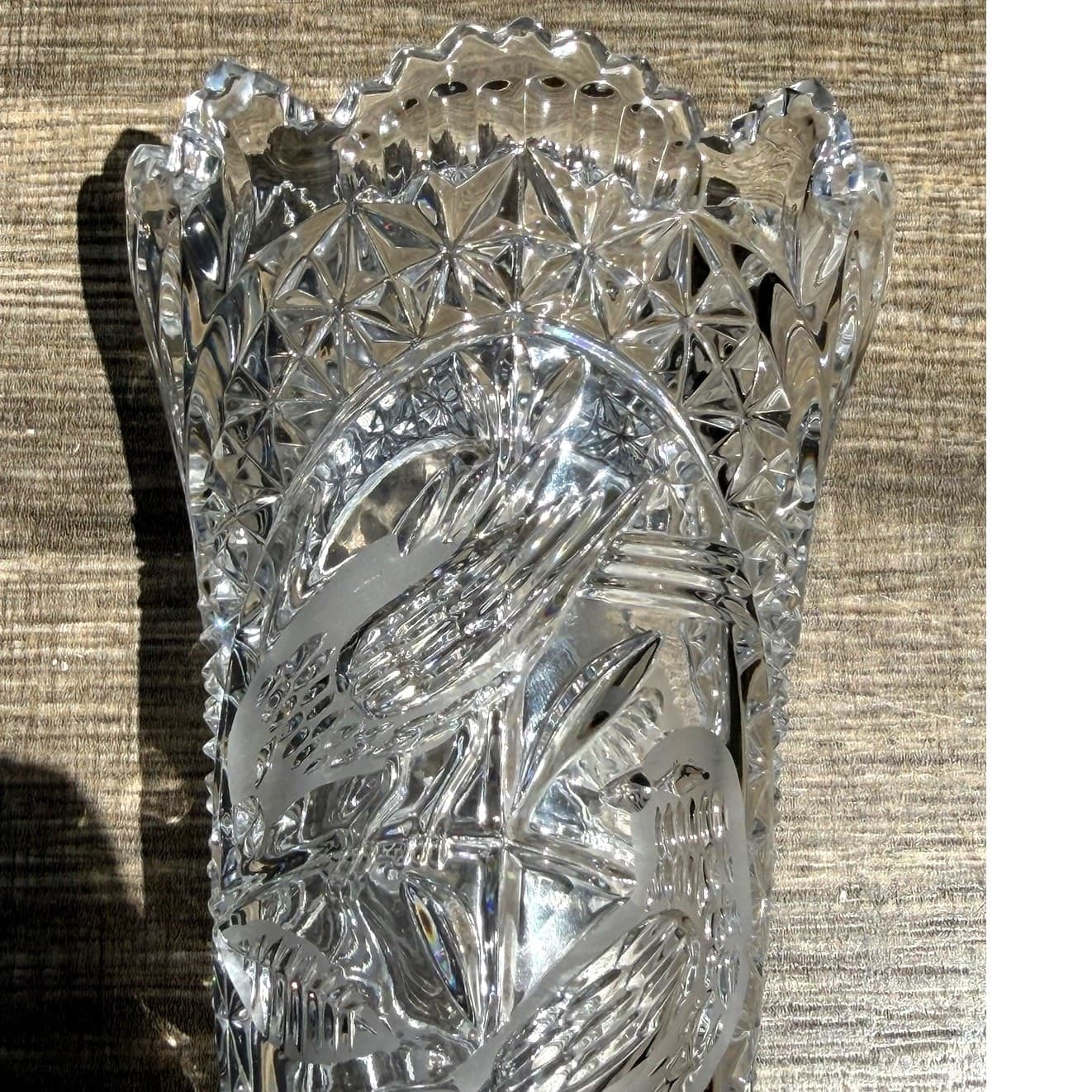 Vintage Hofbauer Byrdes Lead Crystal Pedestal Vase 10.5" Etched Birds Germany - Thumbnail 9