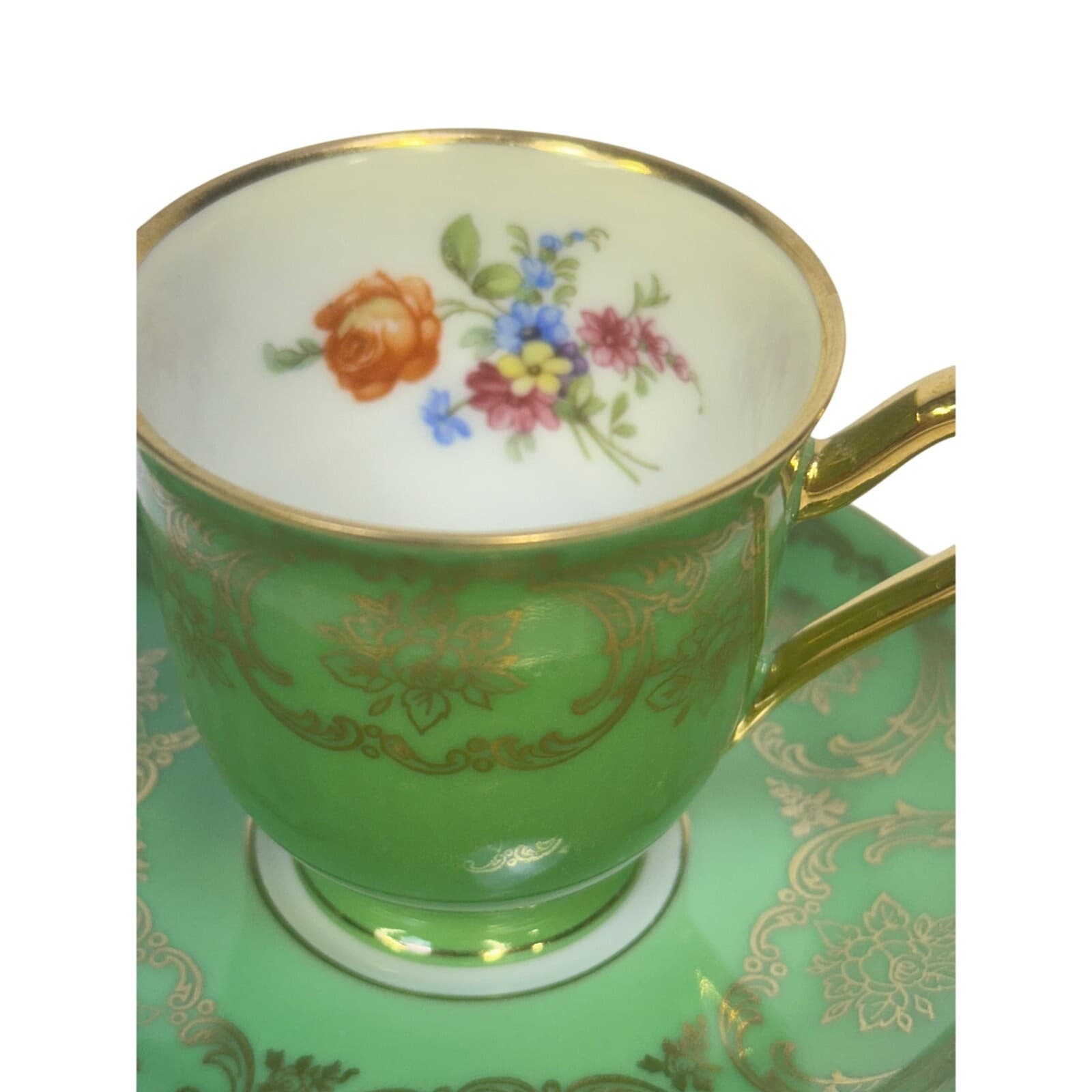 Bavaria Tirschenreuth PT Germany Demitasse Cobalt Green Rose Pink Cup Saucers 4 - Thumbnail 5