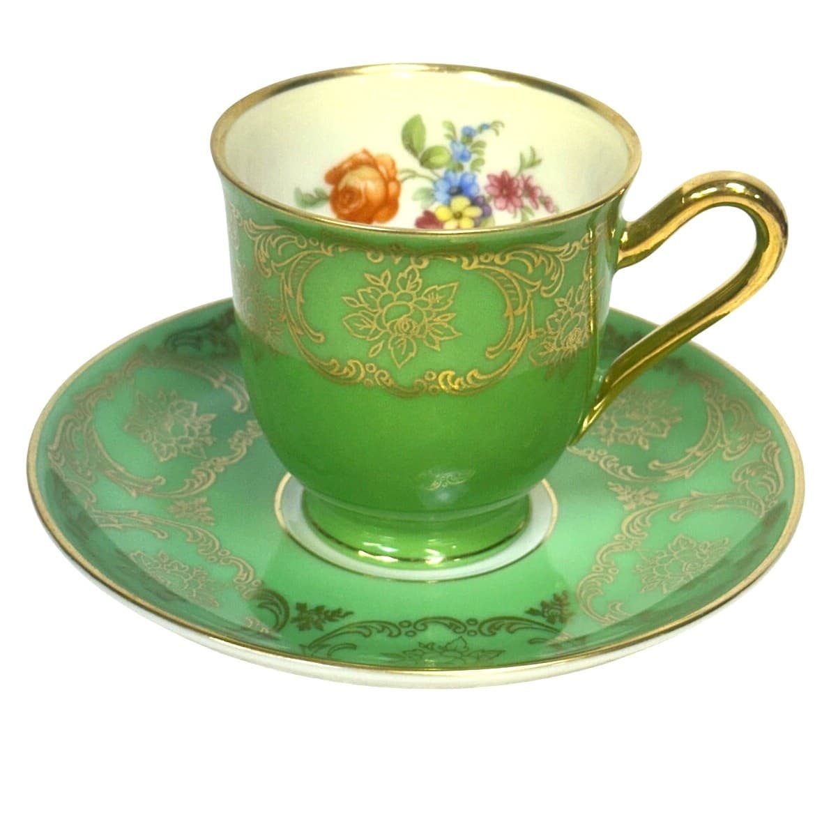 Bavaria Tirschenreuth PT Germany Demitasse Cobalt Green Rose Pink Cup Saucers 4 - Thumbnail 4