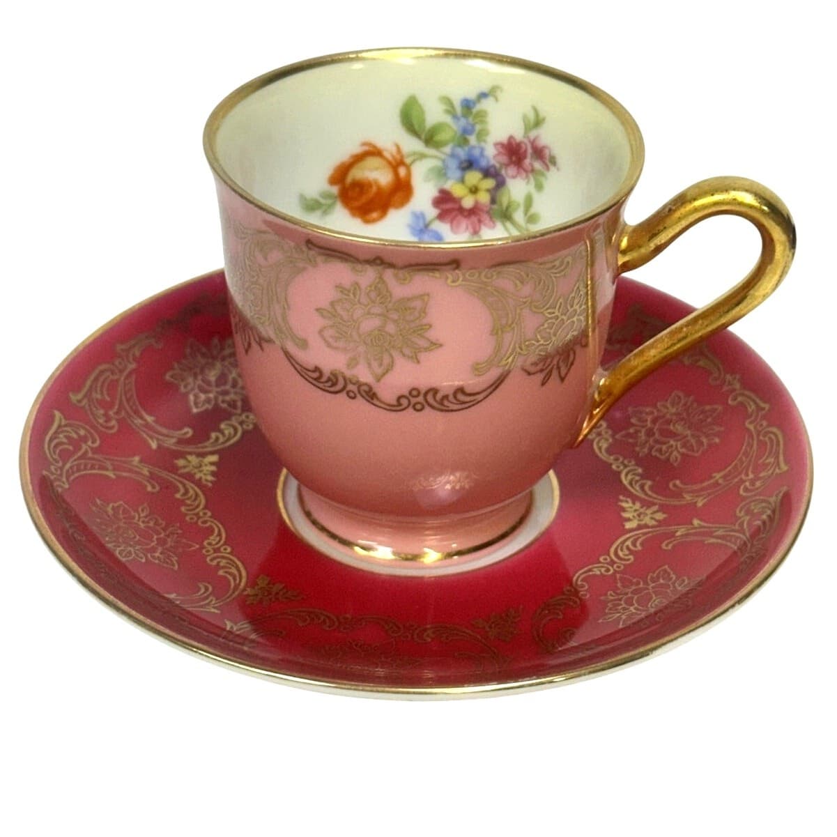 Bavaria Tirschenreuth PT Germany Demitasse Cobalt Green Rose Pink Cup Saucers 4 - Thumbnail 2