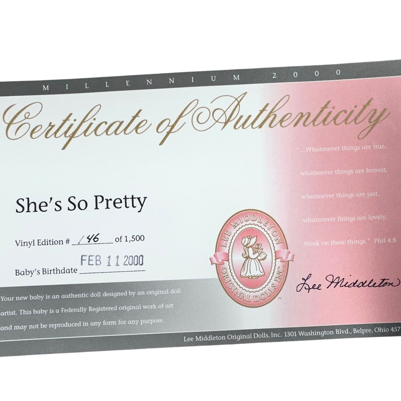 Lee Middleton 2000 Original Doll Model 00320 #146/1500-"She's So Pretty"-NEW! - Thumbnail 9