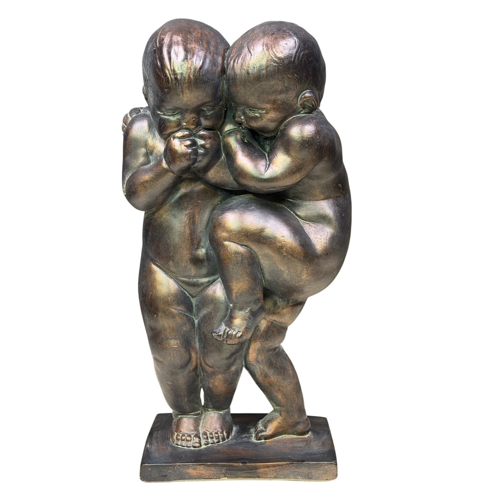 Large Vintage Bronzed Figural Sculpture Embracing Children Cherubs 20.5”