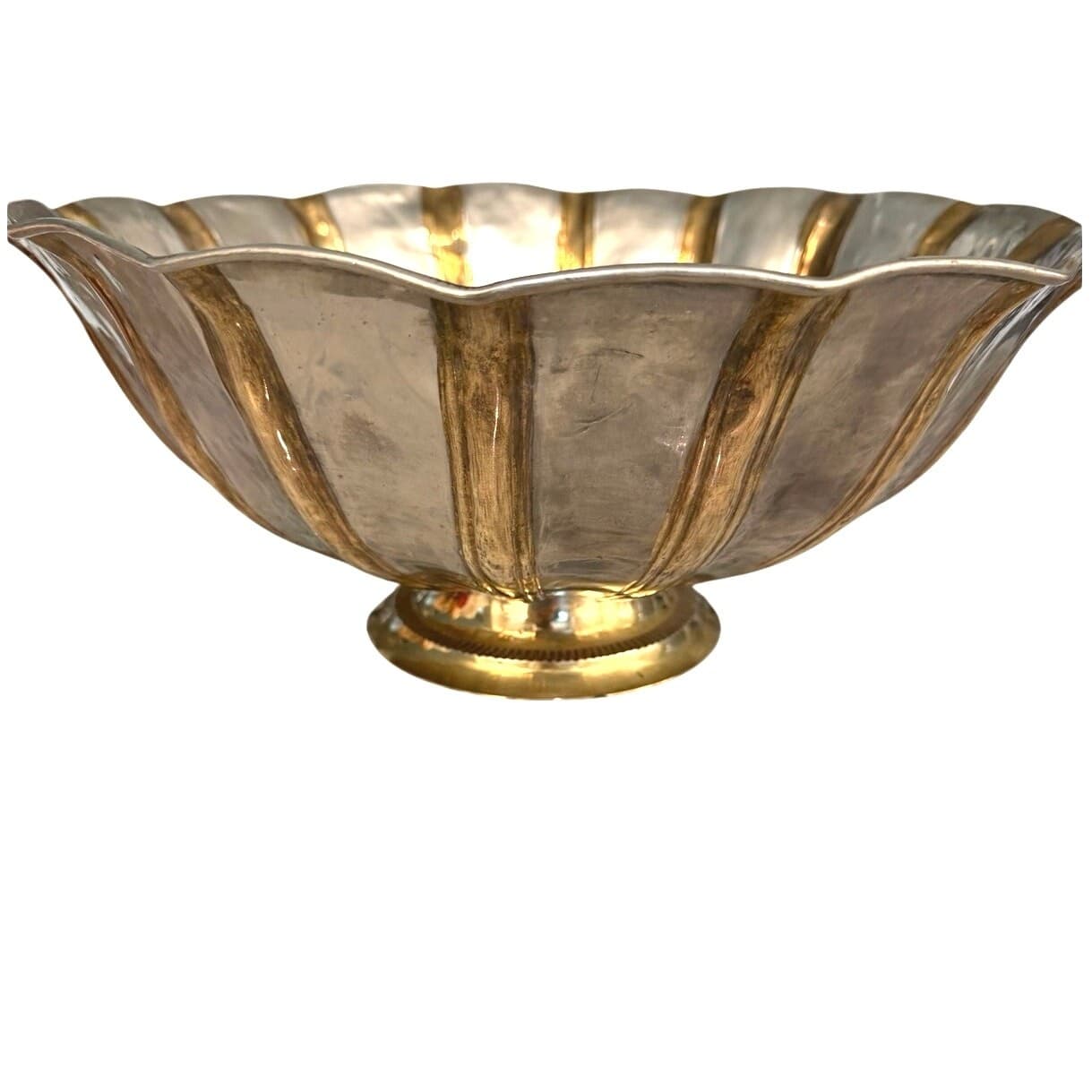 Solid Brass Vintage Pedestal Heavy Centerpiece Bowl Silver Gold Tone 14.5” India - Thumbnail 8