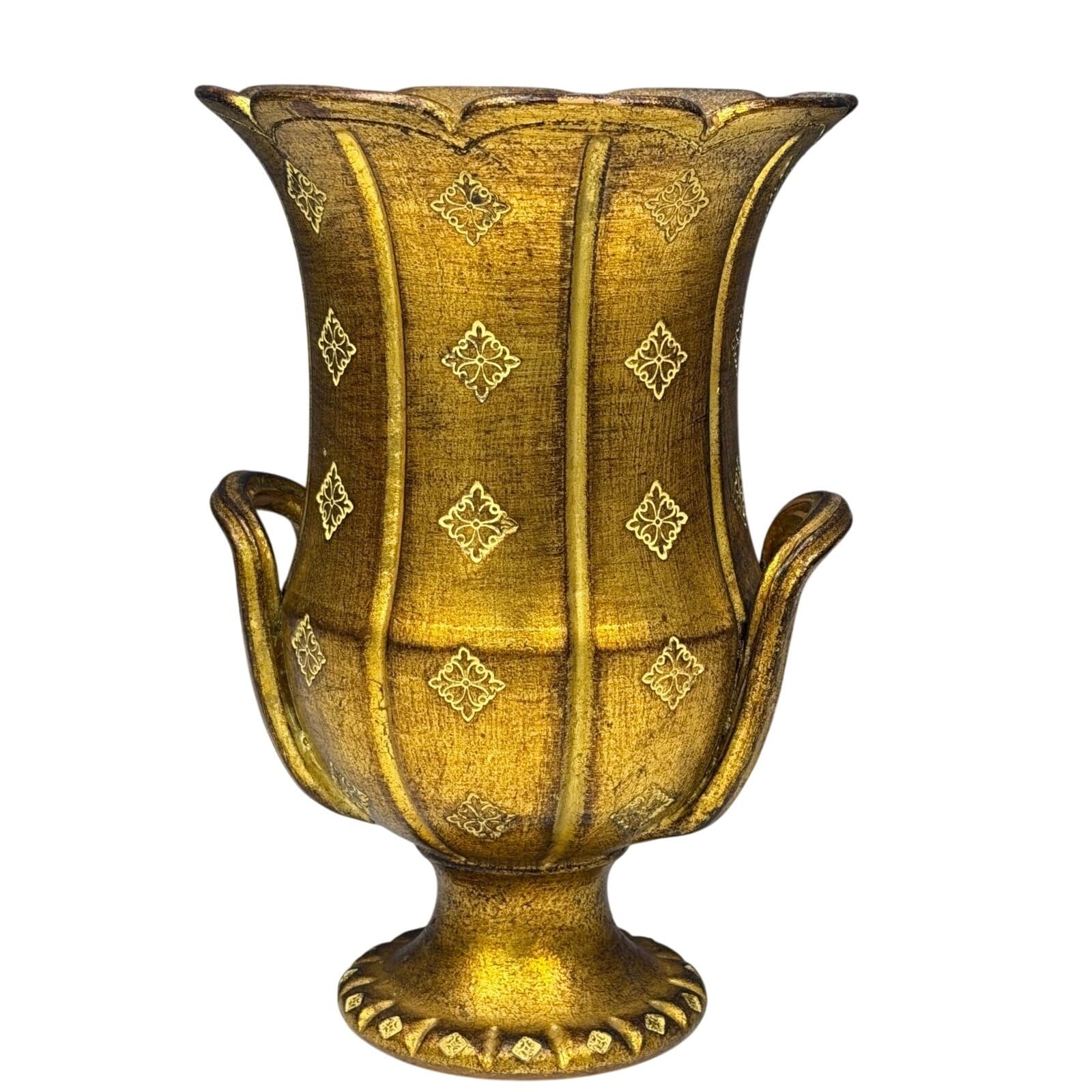 Vintage Italian Gilt Pottery Urn Vase with Double Handles, Hollywood Regency