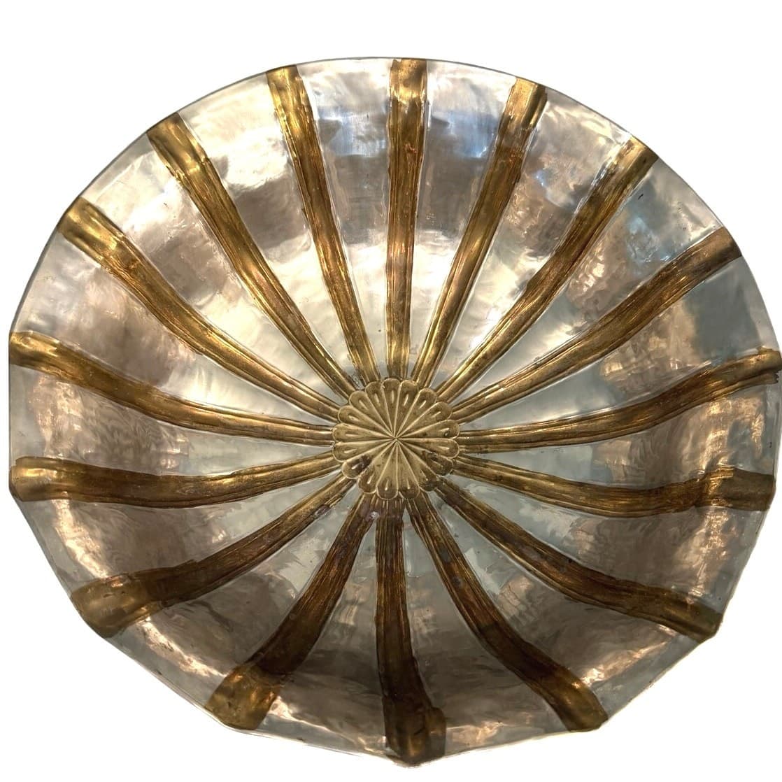 Solid Brass Vintage Pedestal Heavy Centerpiece Bowl Silver Gold Tone 14.5” India - Thumbnail 2