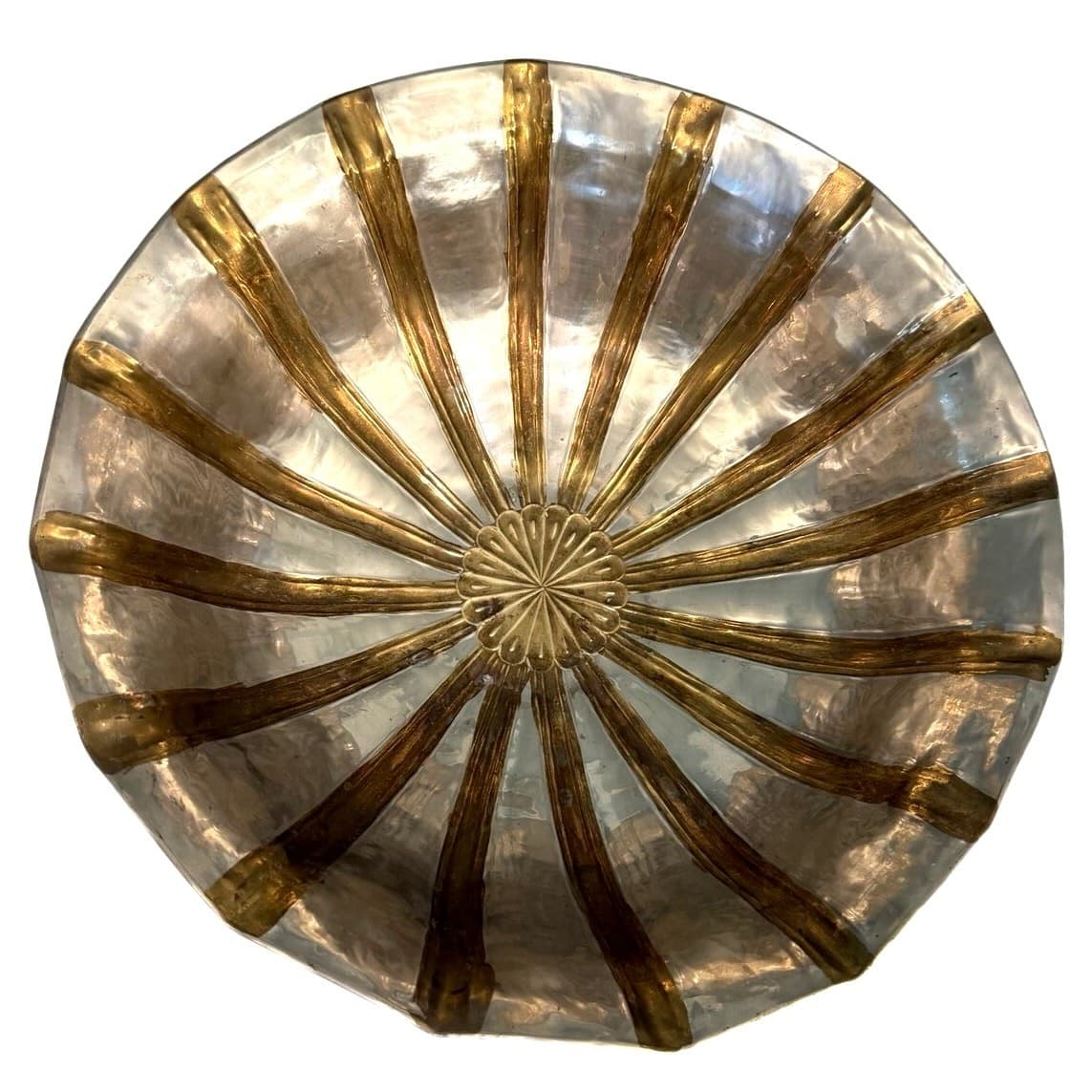 Solid Brass Vintage Pedestal Heavy Centerpiece Bowl Silver Gold Tone 14.5” India - Thumbnail 4