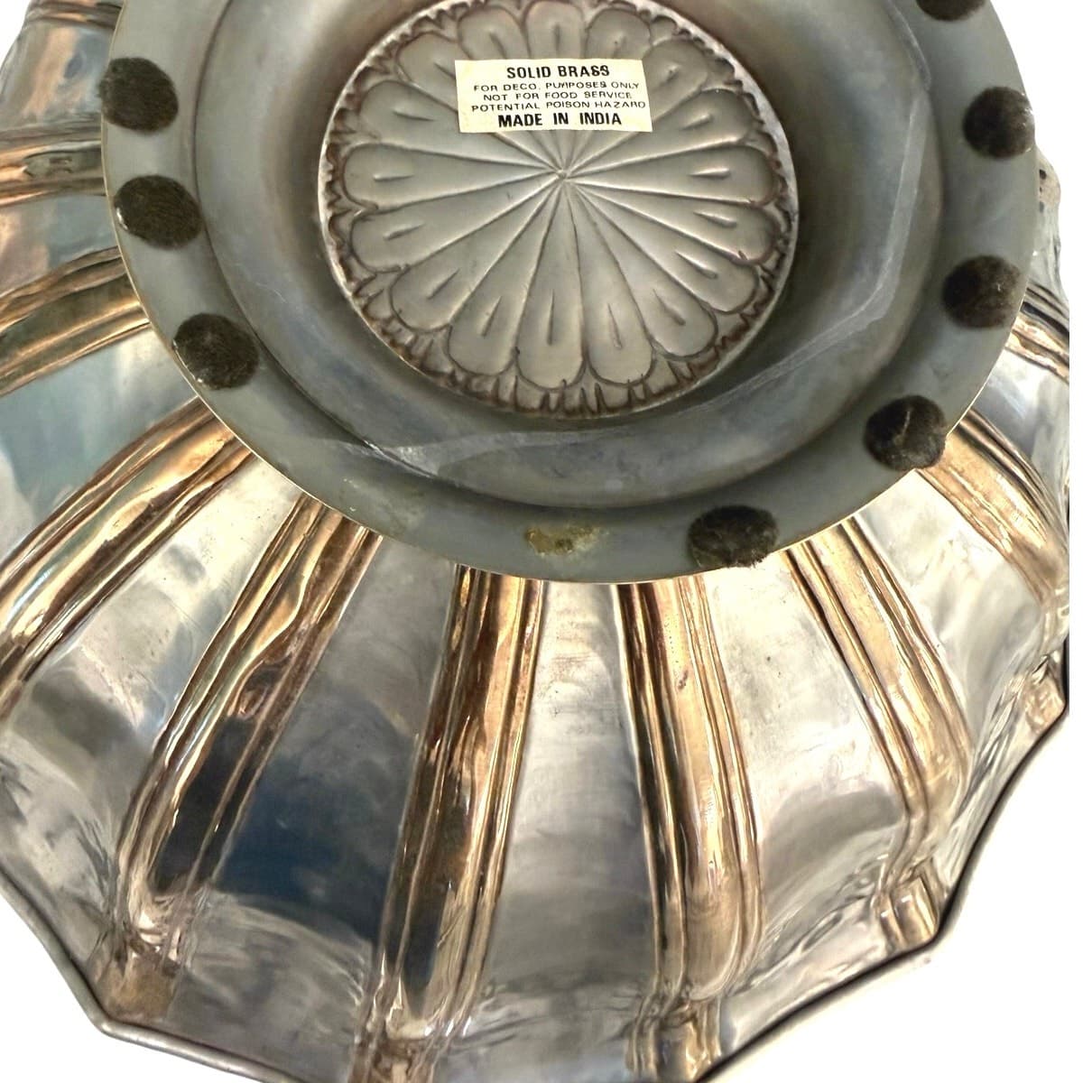 Solid Brass Vintage Pedestal Heavy Centerpiece Bowl Silver Gold Tone 14.5” India - Thumbnail 7