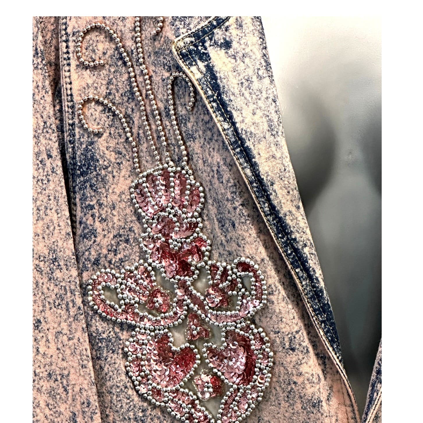 Designs USA Vintage Acid Washed Long Embellished Bejeweled Pink Denim Duster - Thumbnail 5