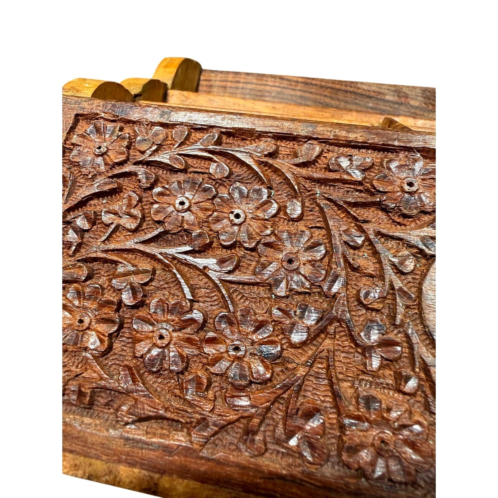 Vintage India Hand Carved Floral Wooden Mail Brass Inlay Organizer Letter Holder - Thumbnail 13