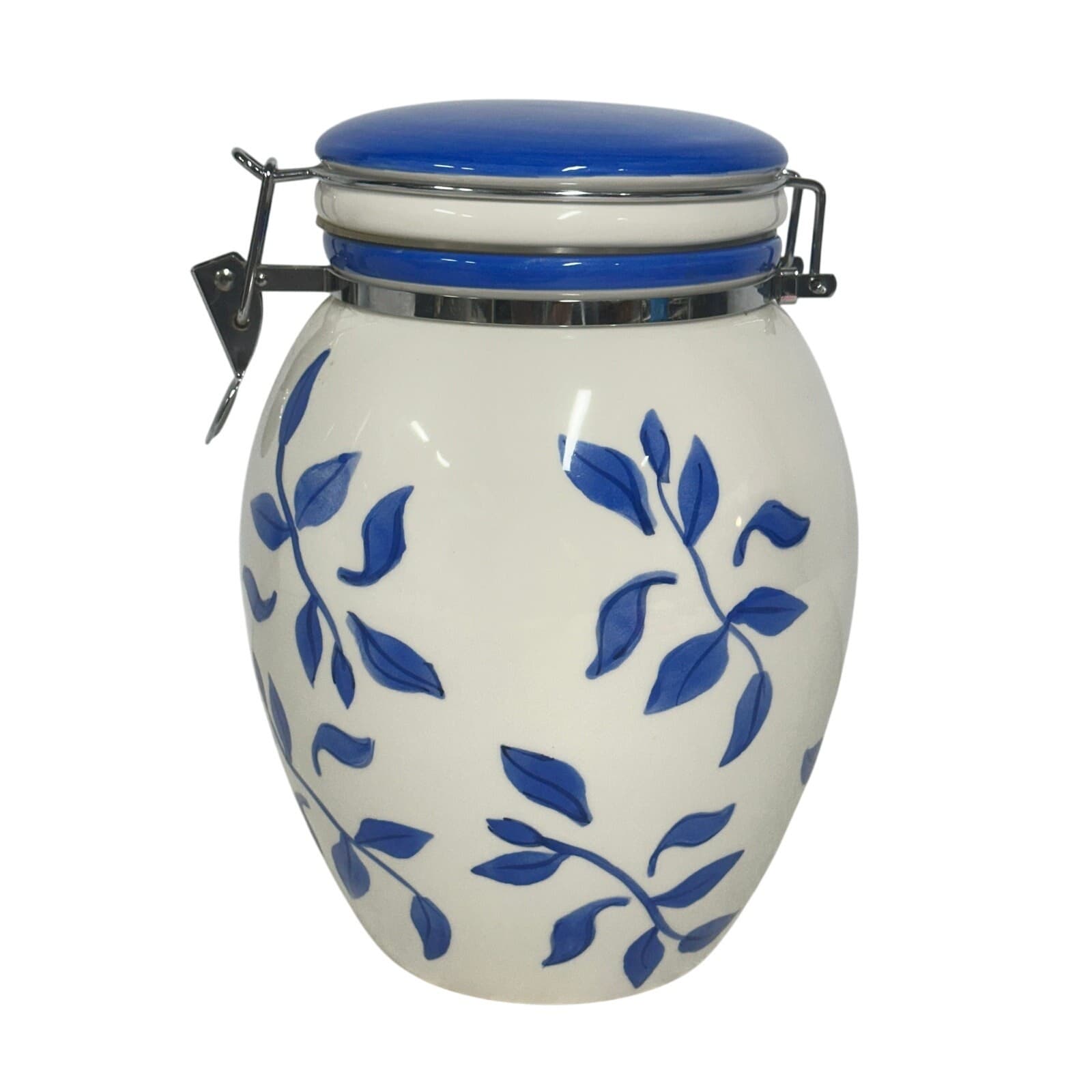 Inspirado IDC Stonelite Vintage Hand Painted Blue and White Airtight Cookie Jar - Thumbnail 3