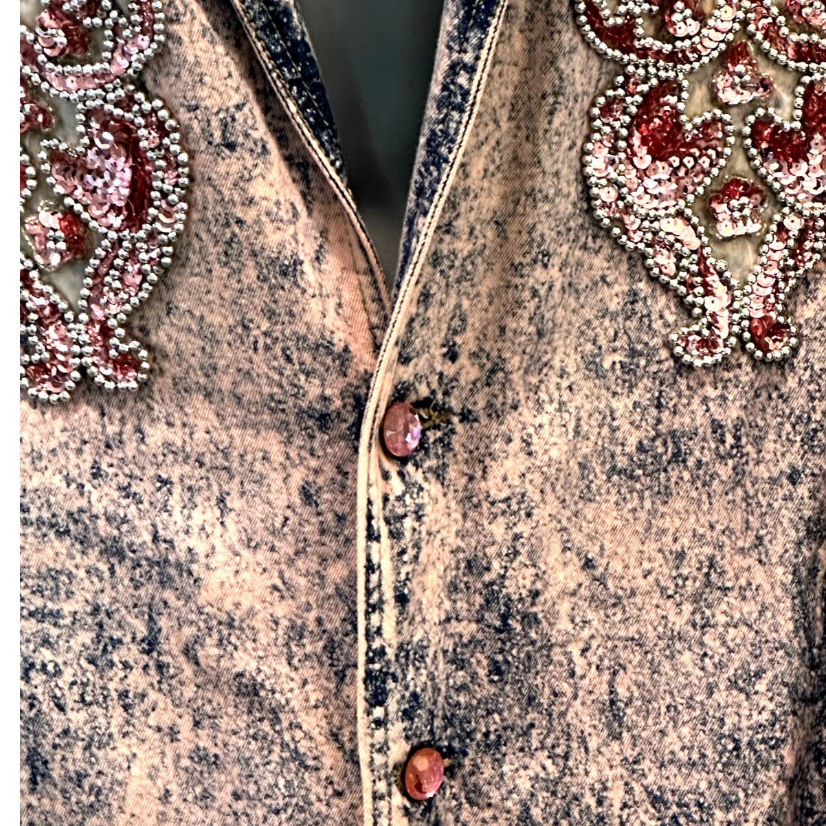 Designs USA Vintage Acid Washed Long Embellished Bejeweled Pink Denim Duster - Thumbnail 2