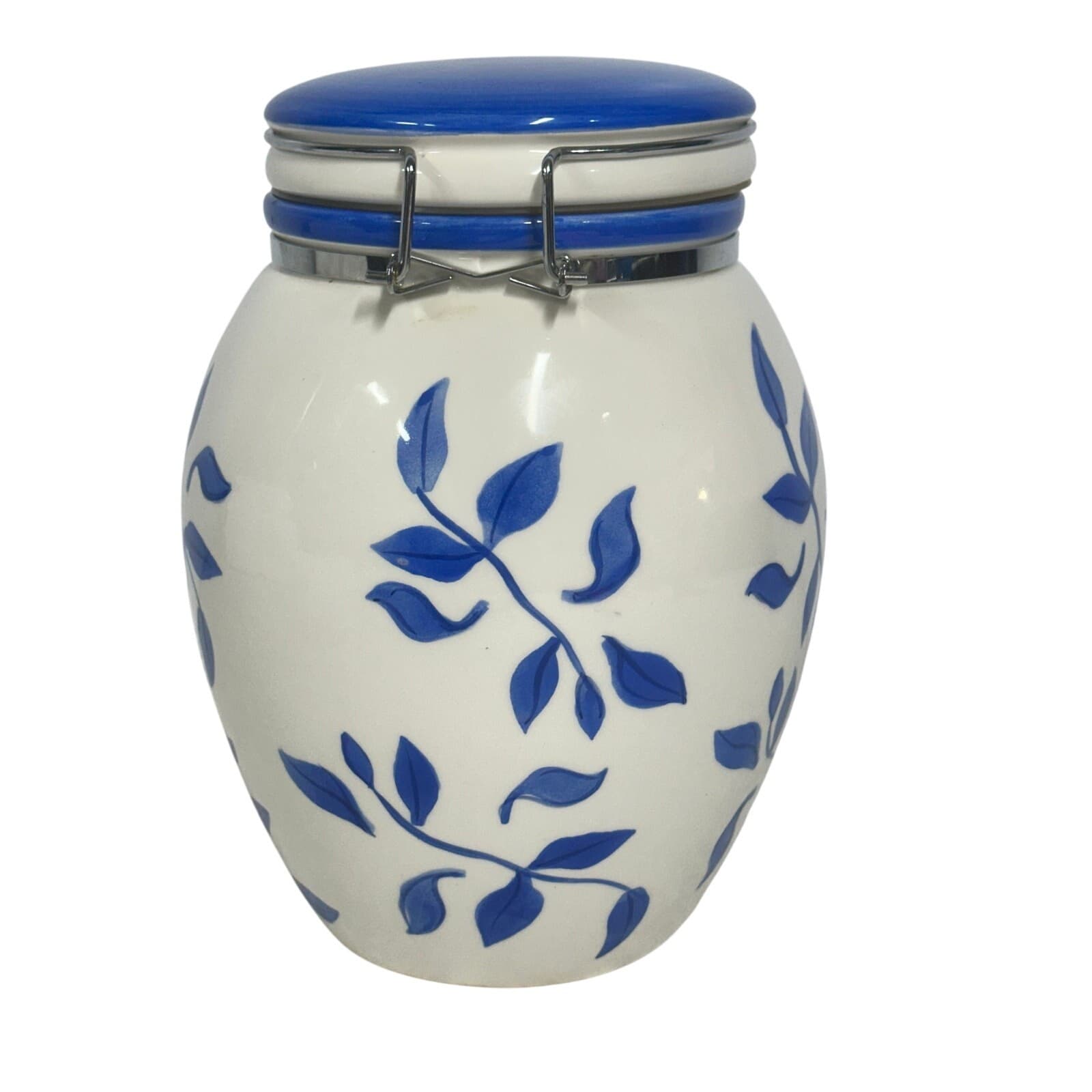 Inspirado IDC Stonelite Vintage Hand Painted Blue and White Airtight Cookie Jar - Thumbnail 4