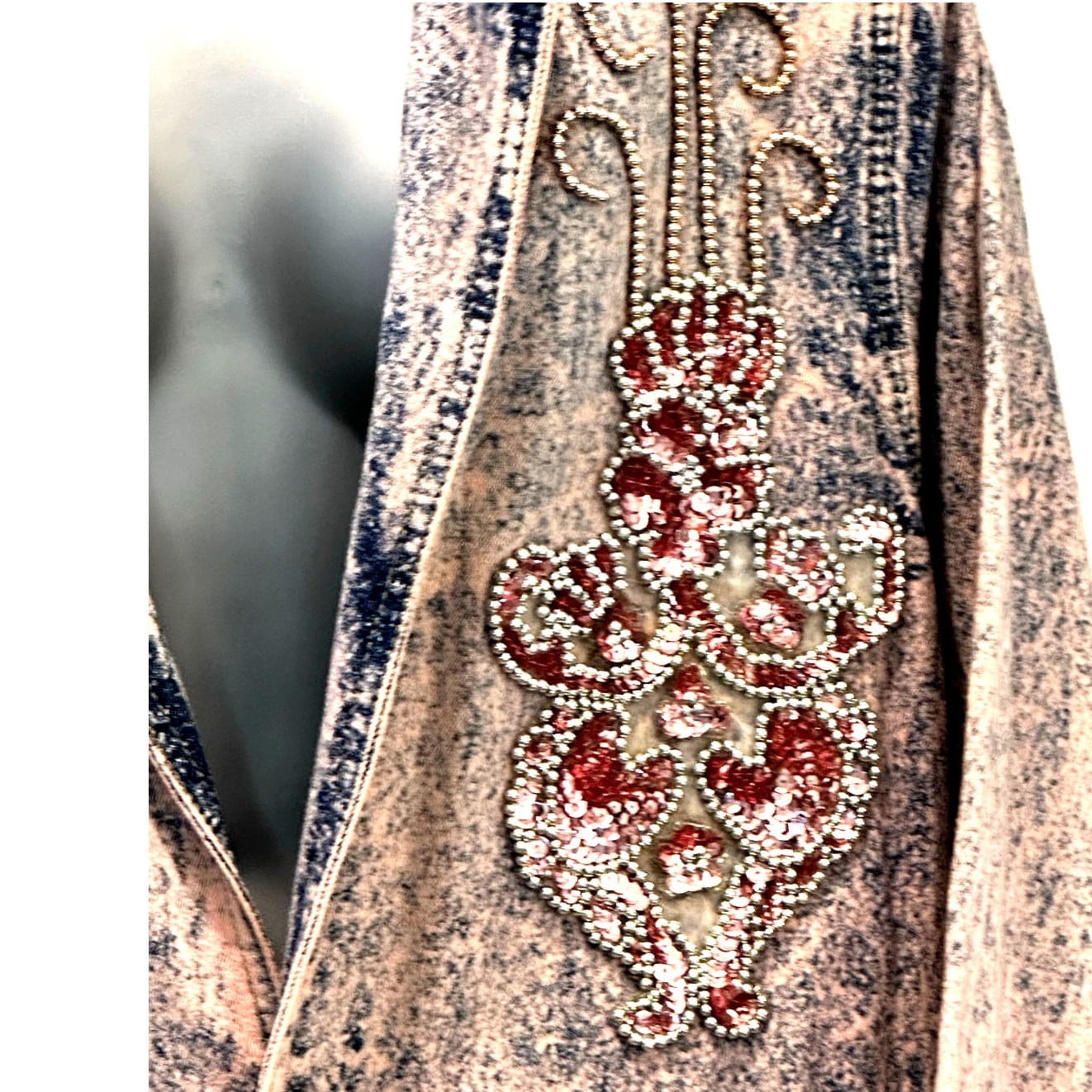 Designs USA Vintage Acid Washed Long Embellished Bejeweled Pink Denim Duster - Thumbnail 6