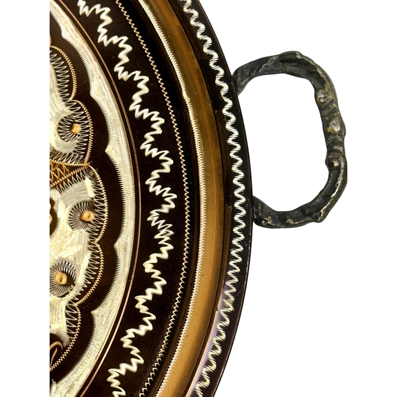 Turkish Vintage Gulnur Artisan Hand Etched Copper Decorative 13" Serving Tray - Thumbnail 5