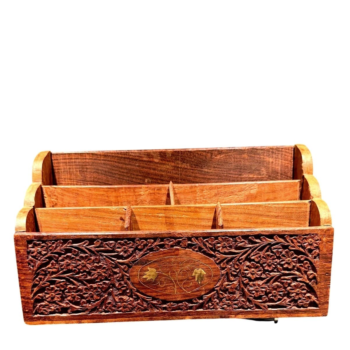 Vintage India Hand Carved Floral Wooden Mail Brass Inlay Organizer Letter Holder - Thumbnail 7