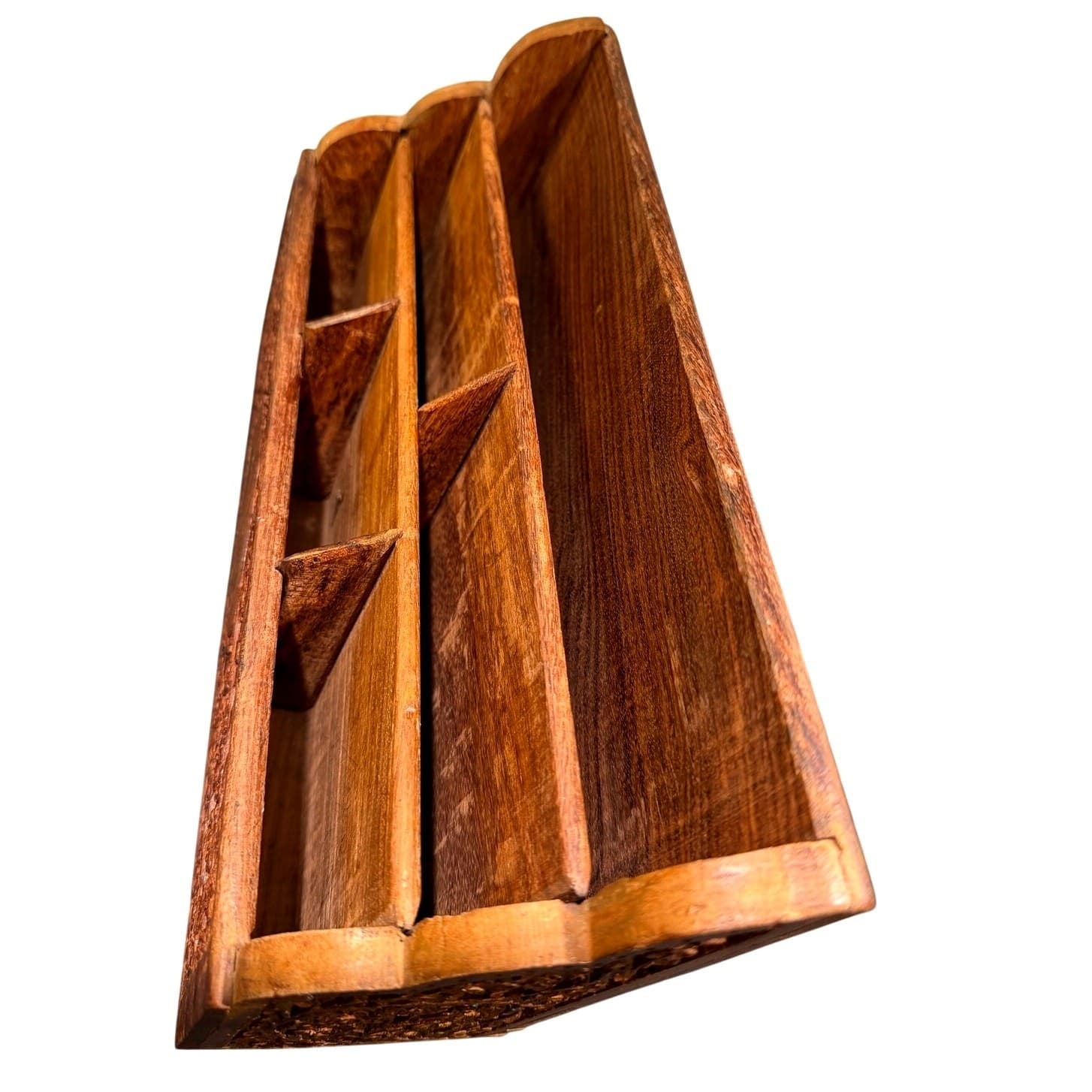 Vintage India Hand Carved Floral Wooden Mail Brass Inlay Organizer Letter Holder - Thumbnail 3