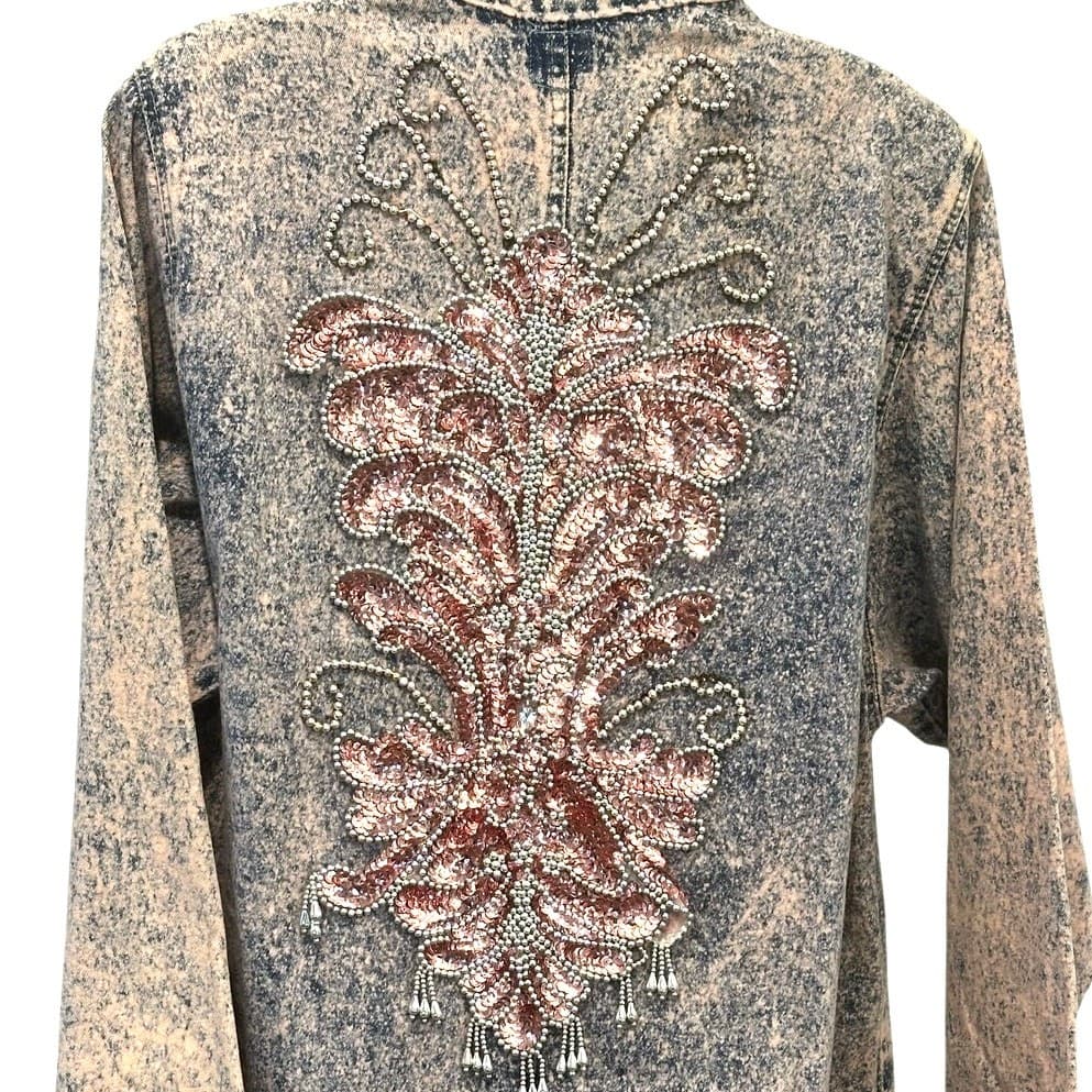 Designs USA Vintage Acid Washed Long Embellished Bejeweled Pink Denim Duster - Thumbnail 3