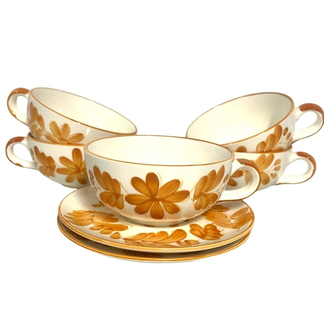 MCM Jumbo Ceramic Vintage Burnt Orange Soup/Latte Set of Mugs (5) Saucers (4)