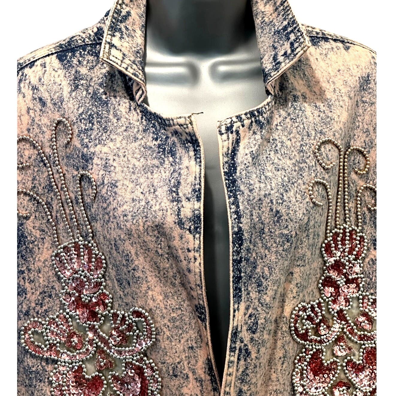 Designs USA Vintage Acid Washed Long Embellished Bejeweled Pink Denim Duster - Thumbnail 4
