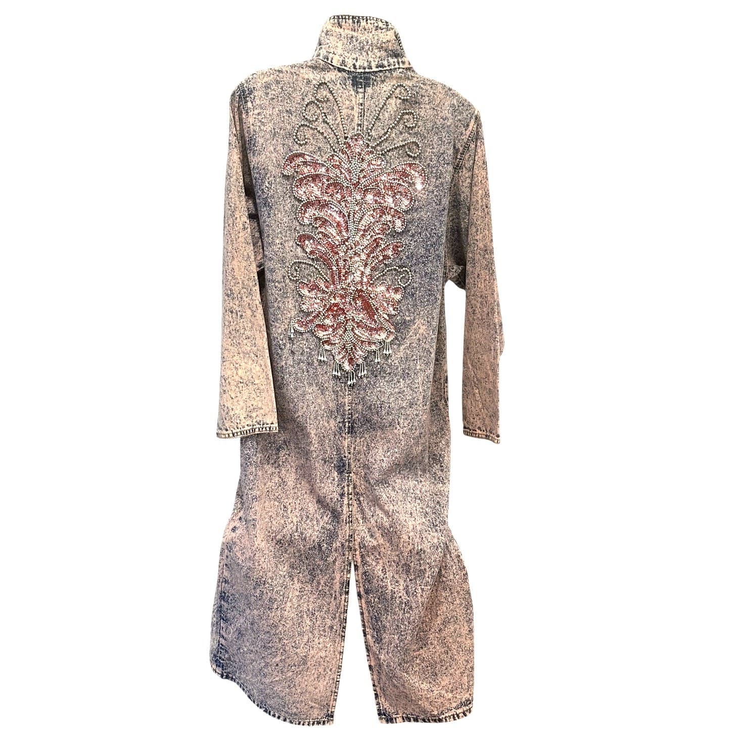 Designs USA Vintage Acid Washed Long Embellished Bejeweled Pink Denim Duster - Thumbnail 10