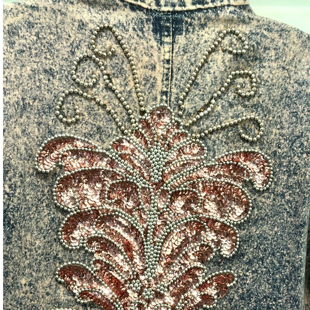 Designs USA Vintage Acid Washed Long Embellished Bejeweled Pink Denim Duster - Thumbnail 12