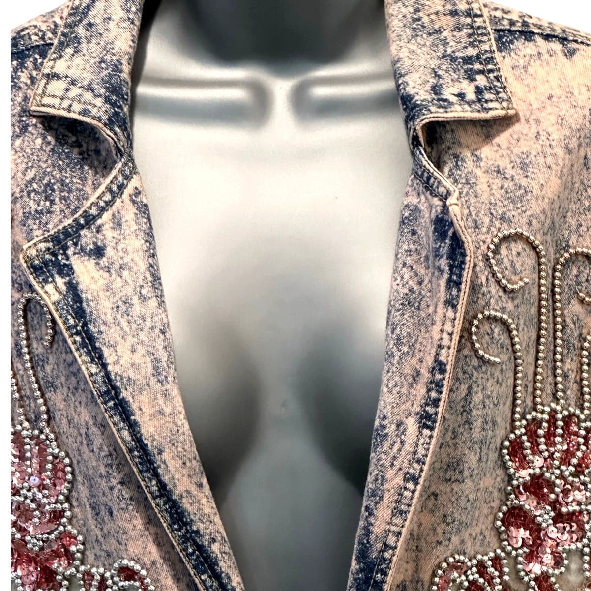 Designs USA Vintage Acid Washed Long Embellished Bejeweled Pink Denim Duster - Thumbnail 7
