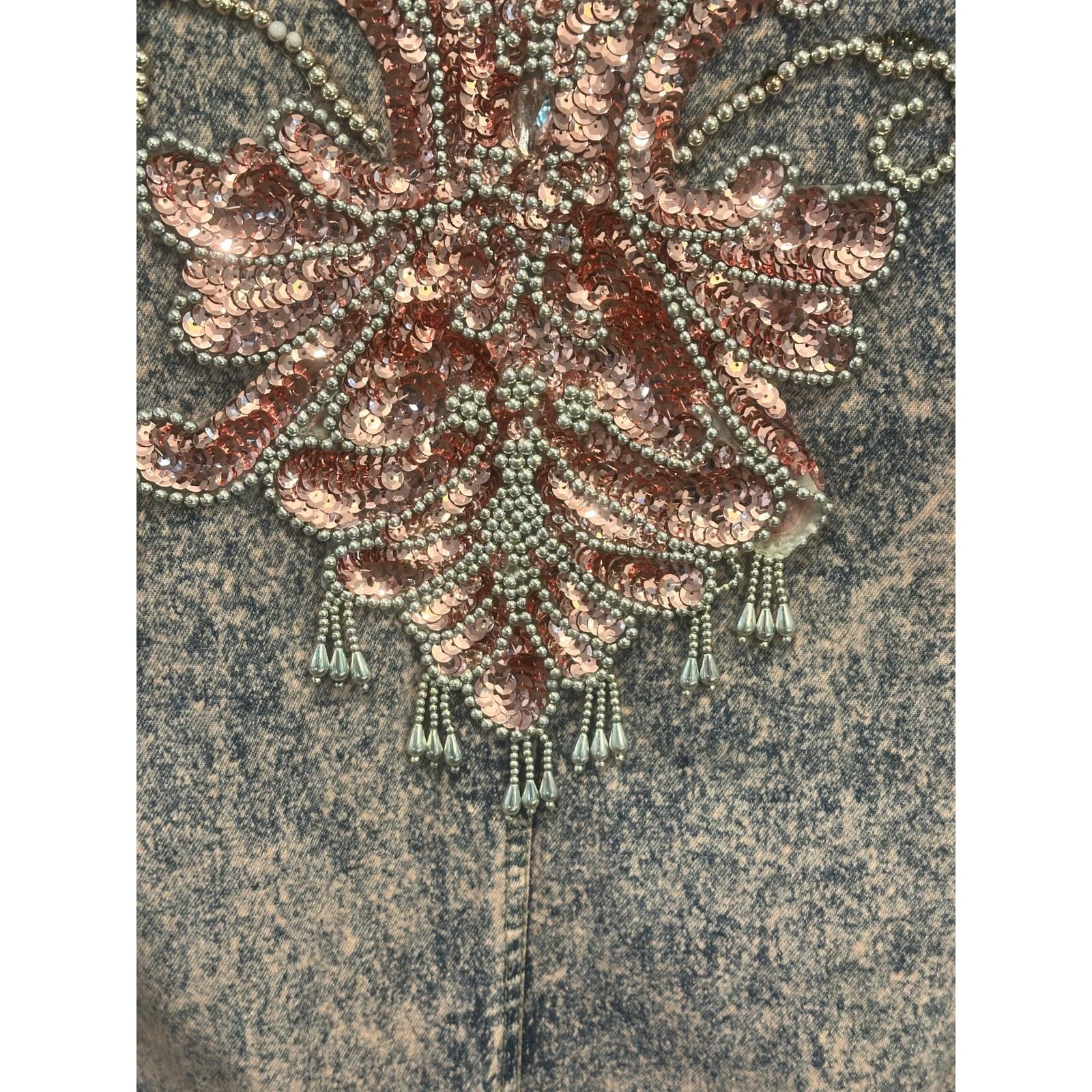 Designs USA Vintage Acid Washed Long Embellished Bejeweled Pink Denim Duster - Thumbnail 11
